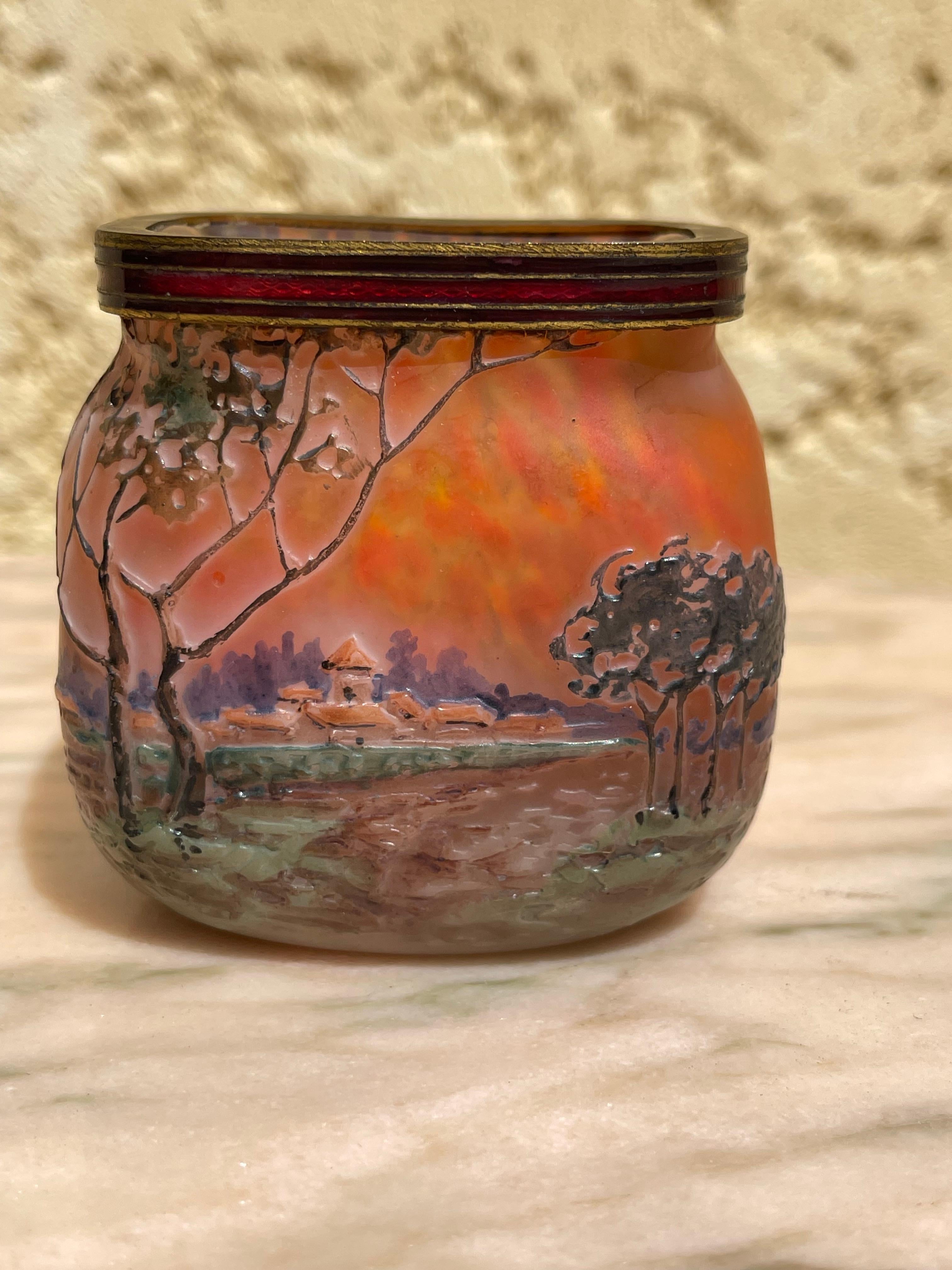 Lovely little vase signed Legras, acid etched work. It has a landscape decoration with beautiful colors. Orange, green, lavender blue, etc. 
 
 Dimensions
 Height 6,5 cm 
 Width 6,5cm
 Depth 4,5 cm