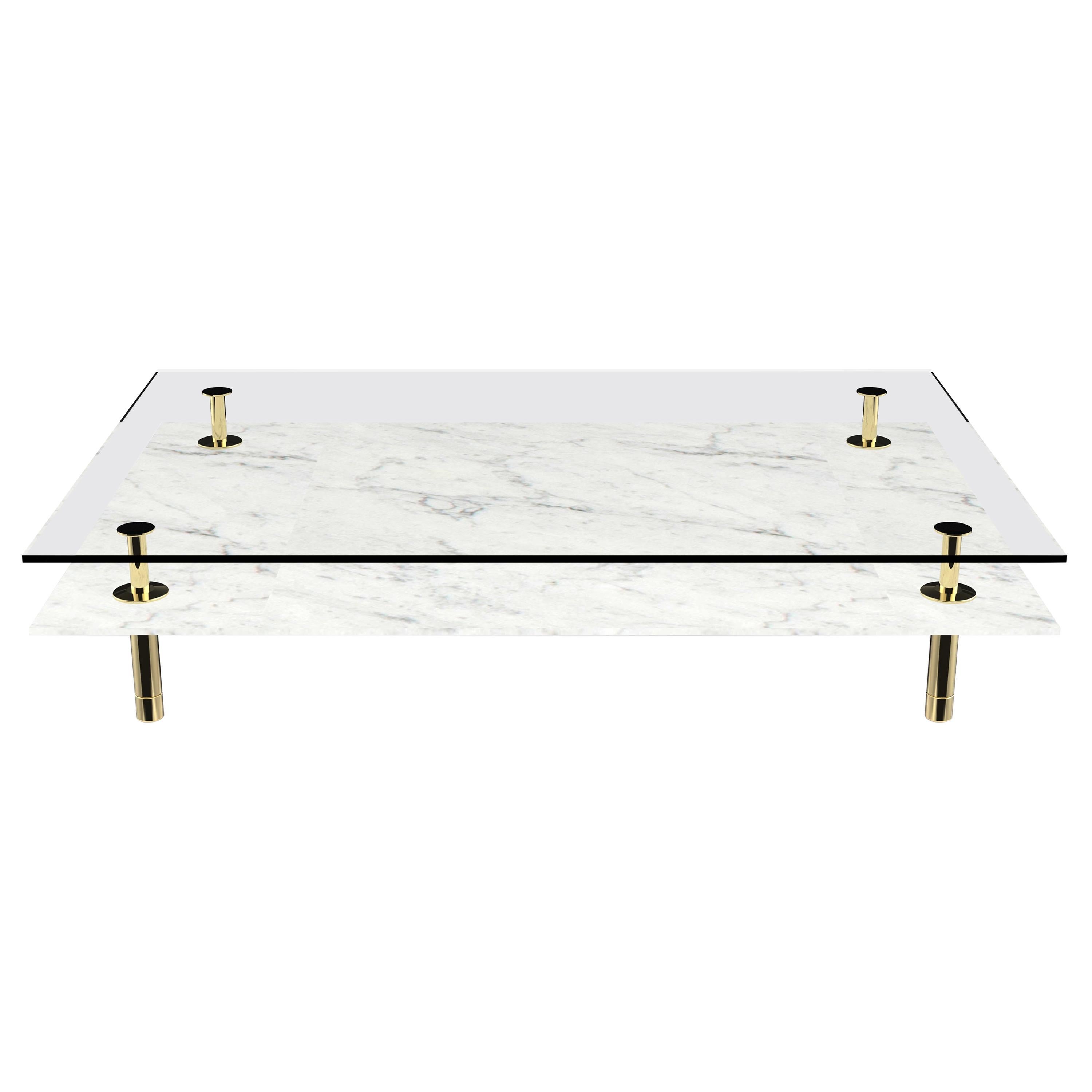 Legs Large Coffee Table with Carrara White Marble Top and Polished Brass