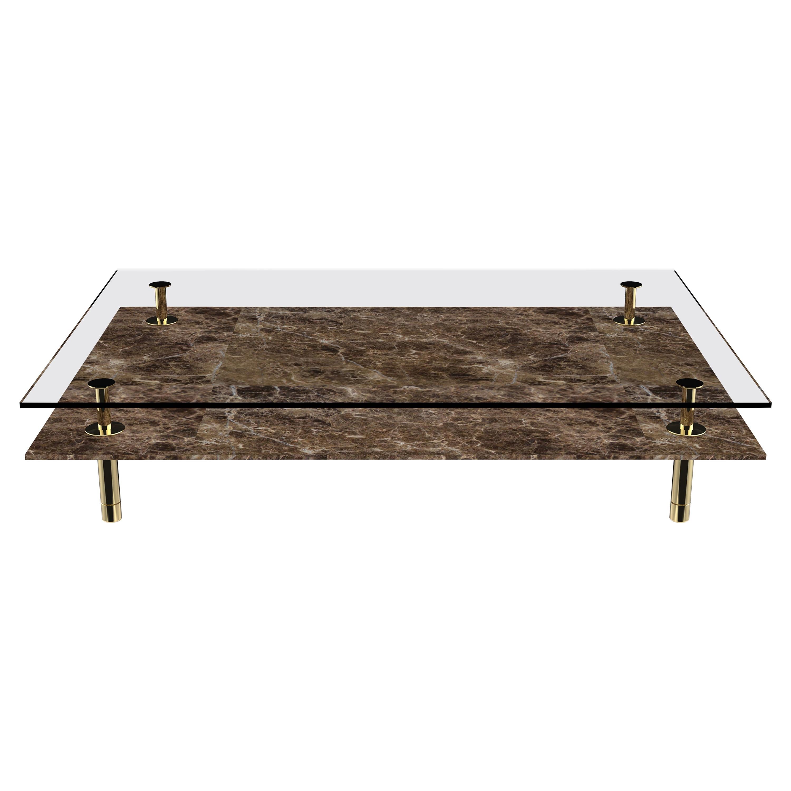 Legs Large Coffee Table with Emperador Dark Marble Top and Polished Brass For Sale