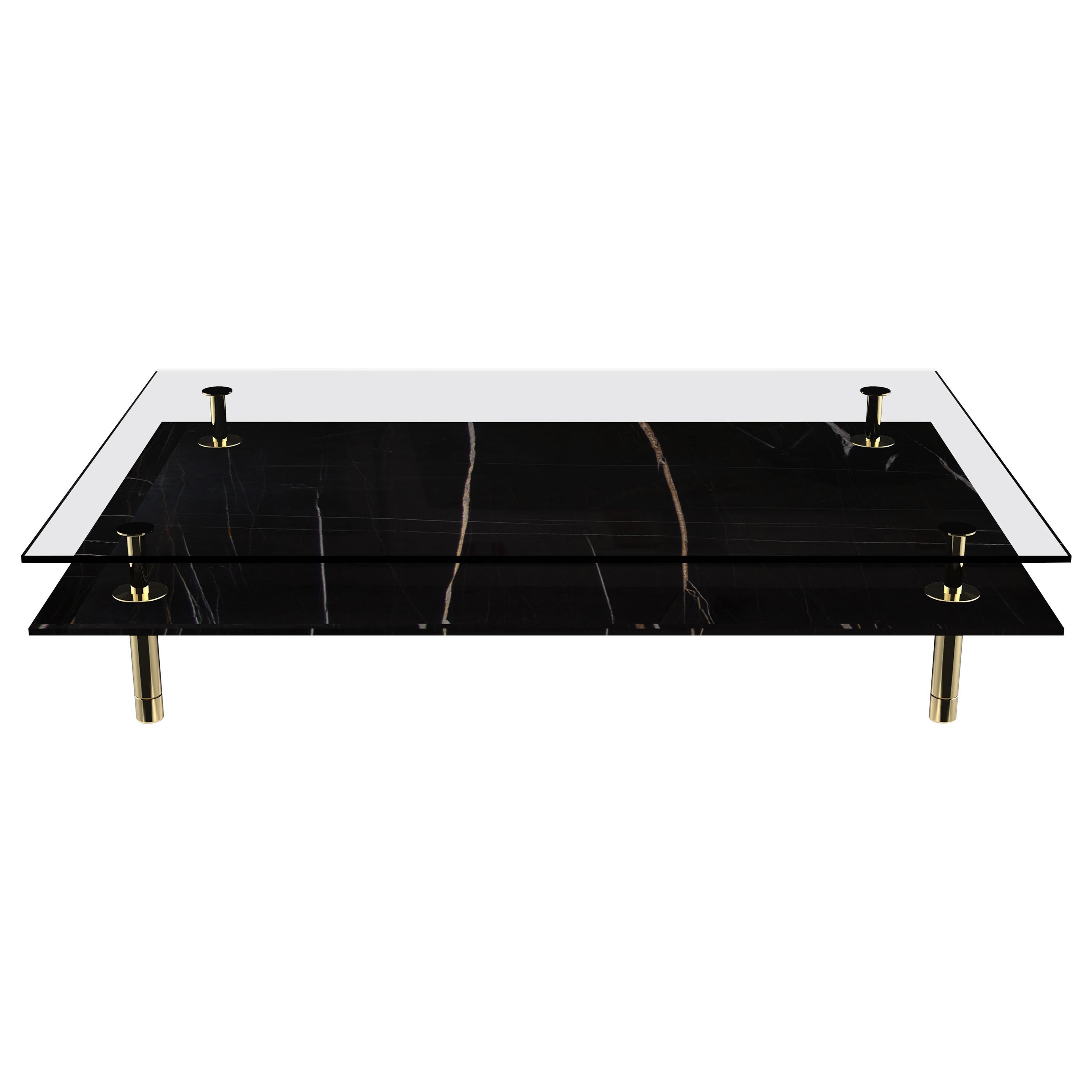 Legs Large Coffee Table with Sahara Noir Marble Top and Polished Brass For Sale