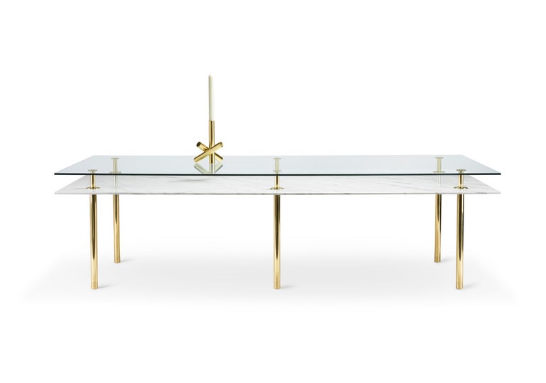 Contemporary Legs Large Dining Table with Calacatta Gold Marble Top and Polished Brass For Sale