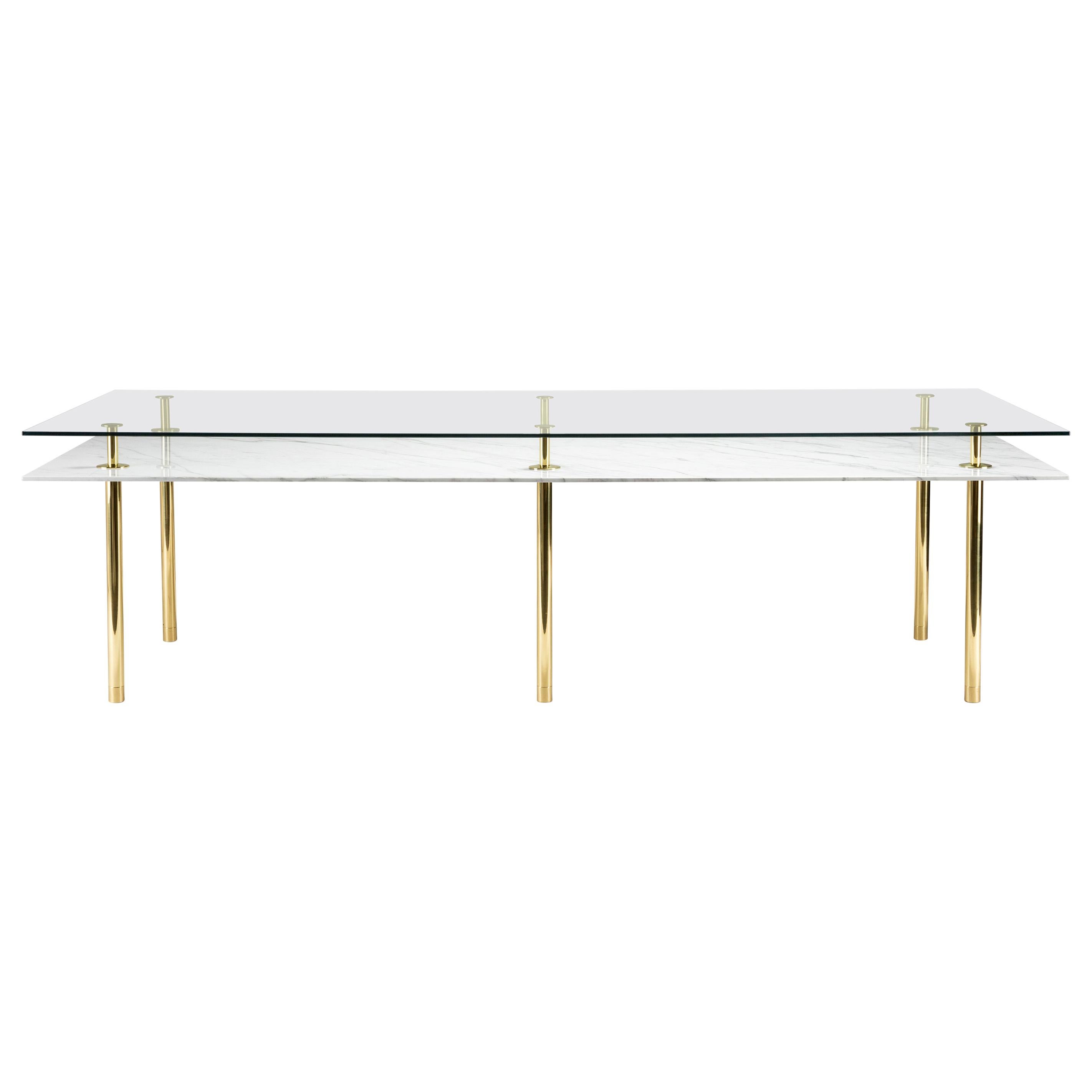 Legs Large Dining Table with Carrara White Marble Top and Polished Brass