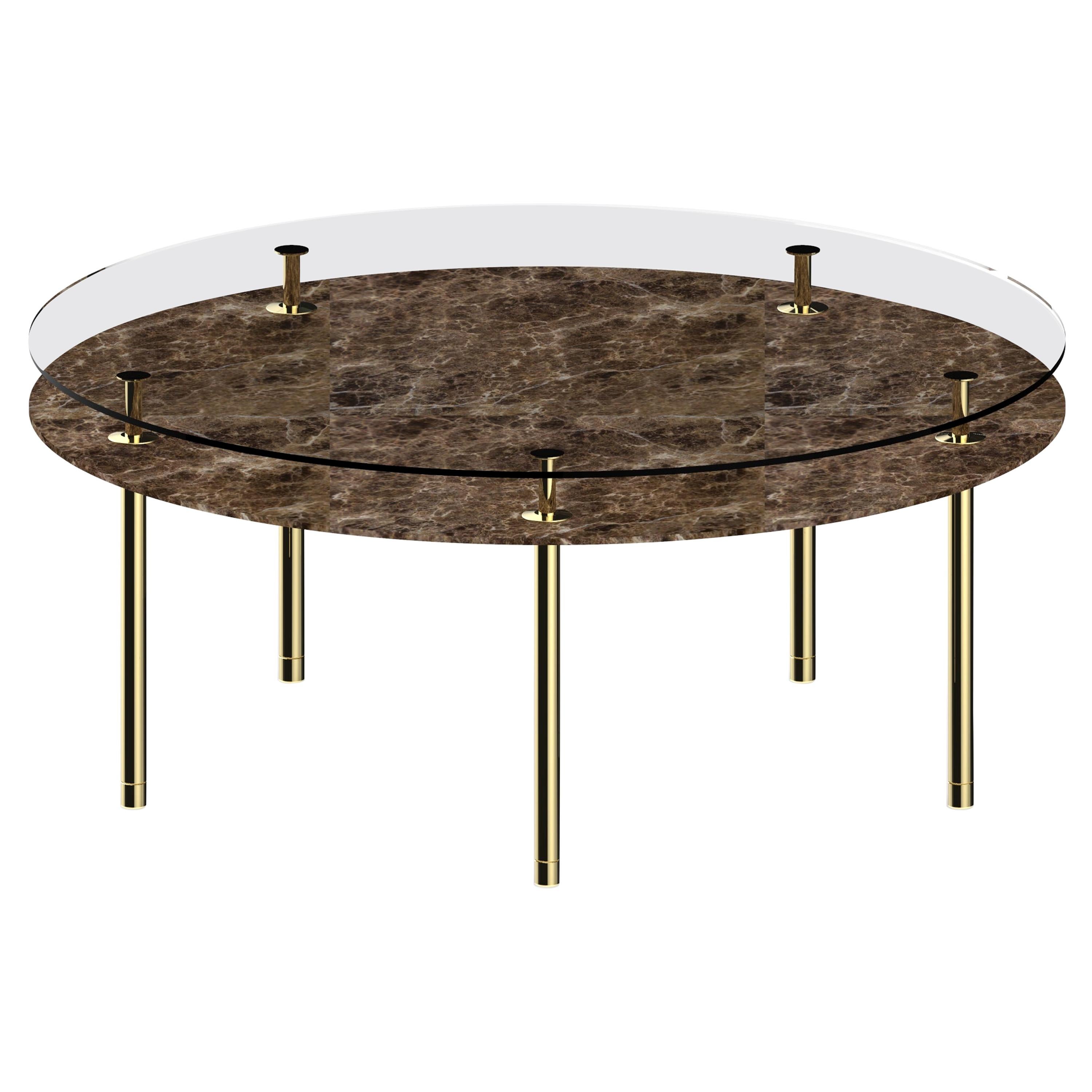Tavolo da pranzo rotondo di grandi dimensioni Legs con piano in marmo scuro Emperador e ottone lucido