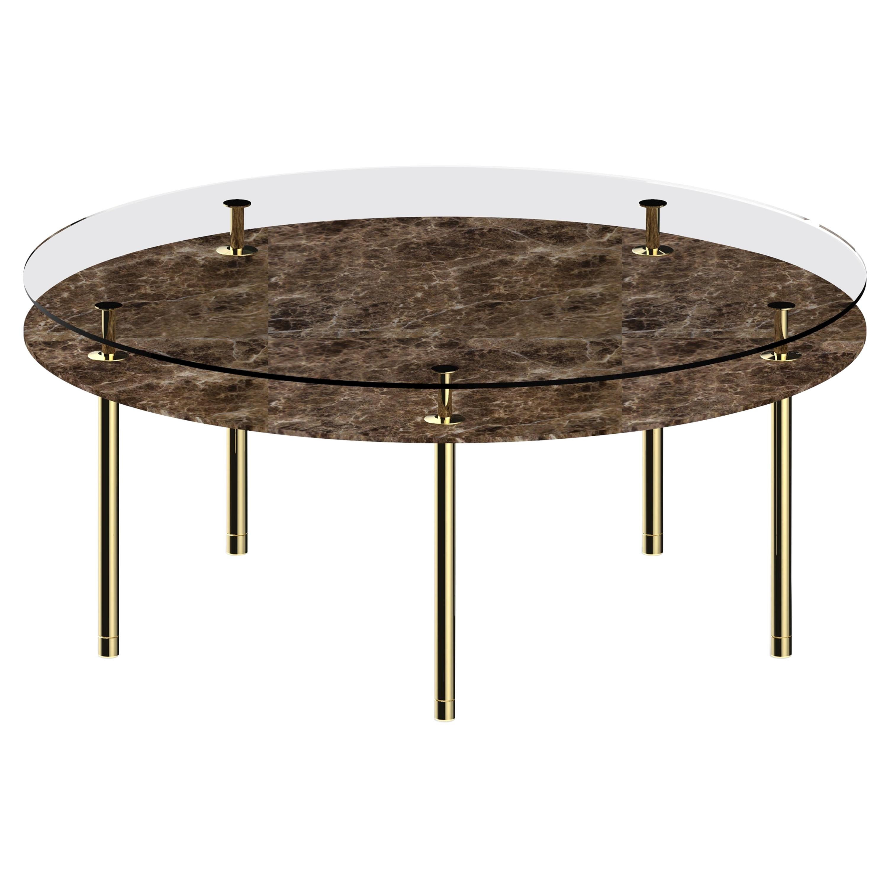 Legs Large Round Dining Table with Emperador Dark Marble Top and Polished Brass