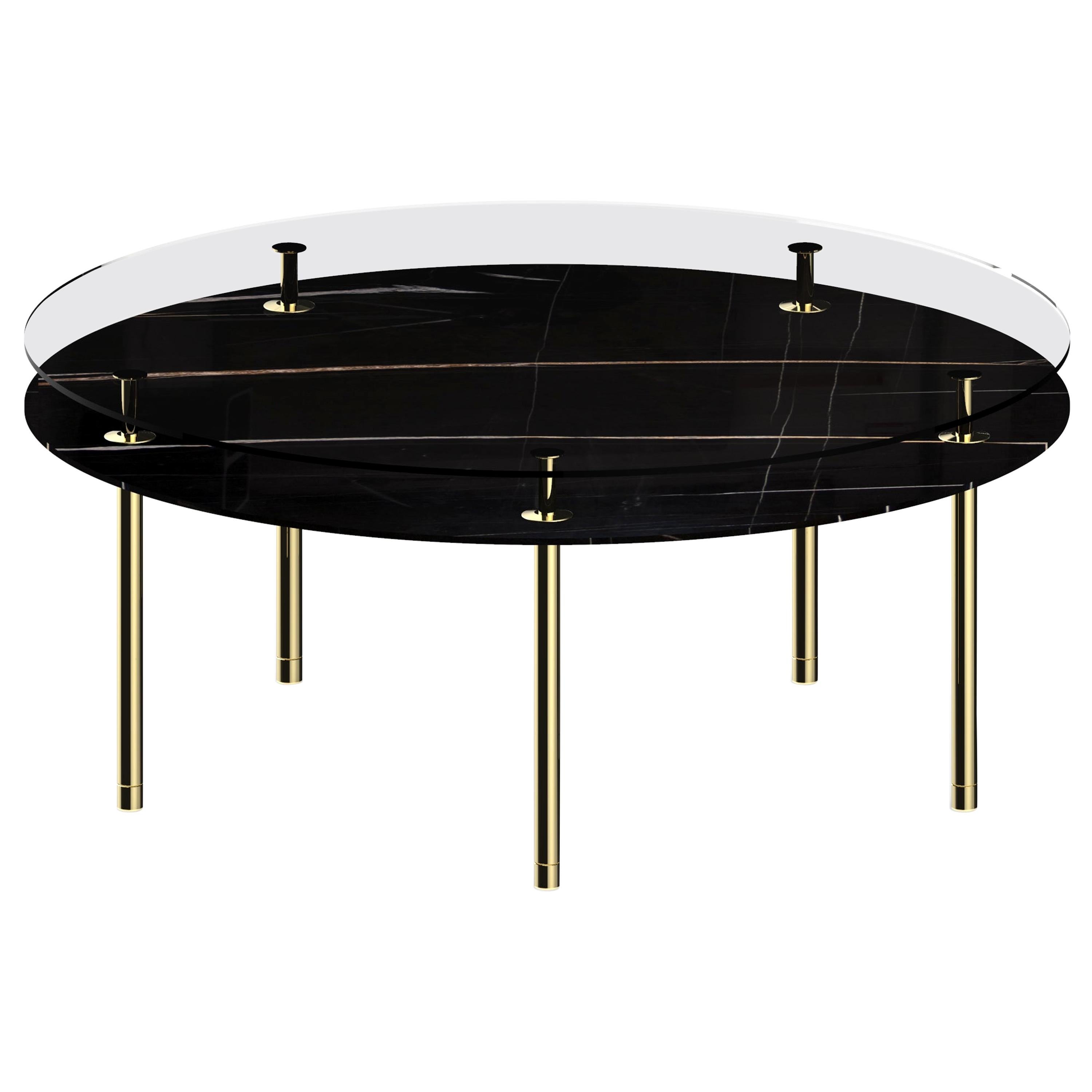 Legs Large Round Dining Table with Sahara Noir Marble Top and Polished Brass