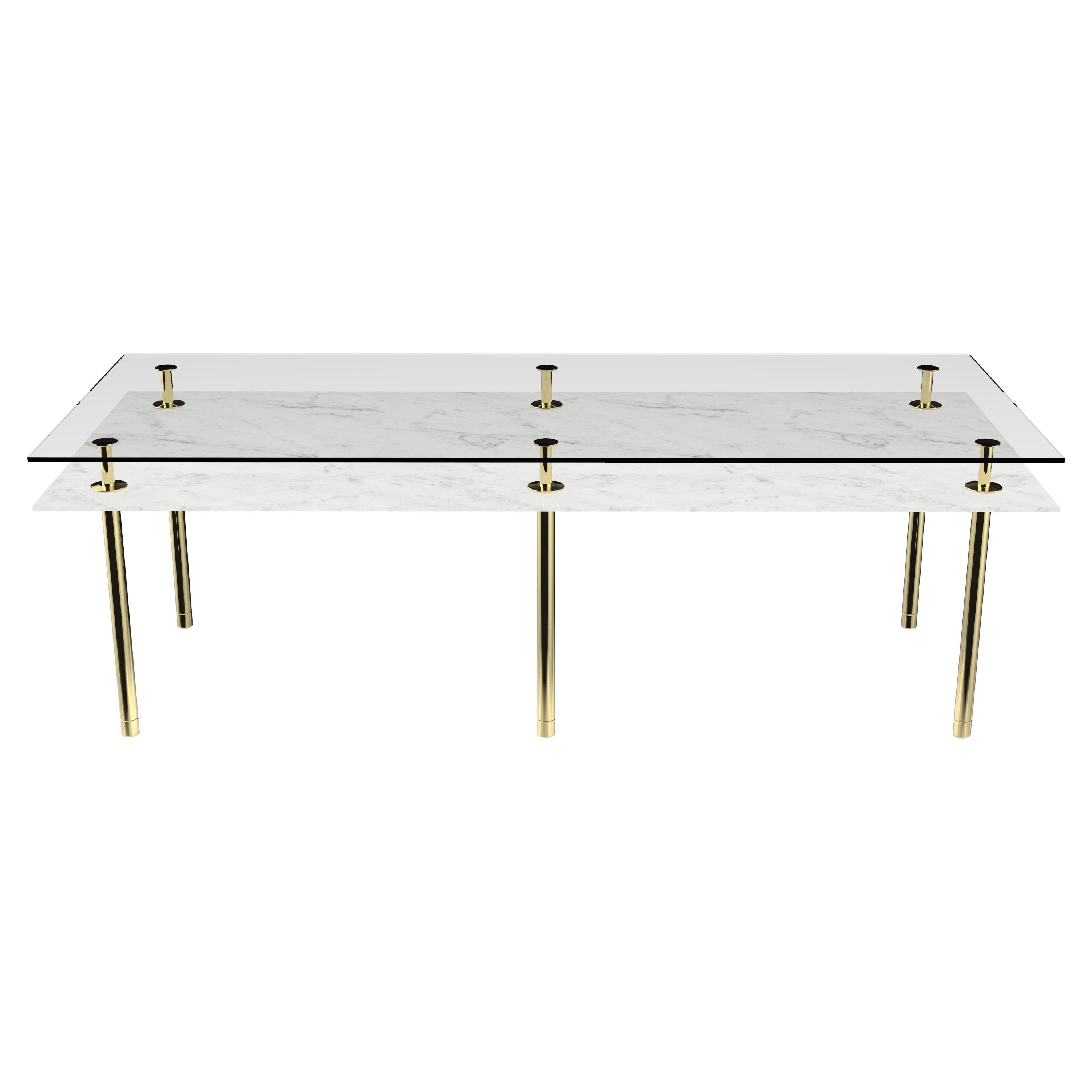 Legs Medium Dining Table with Carrara White Marble Top and Polished Brass For Sale