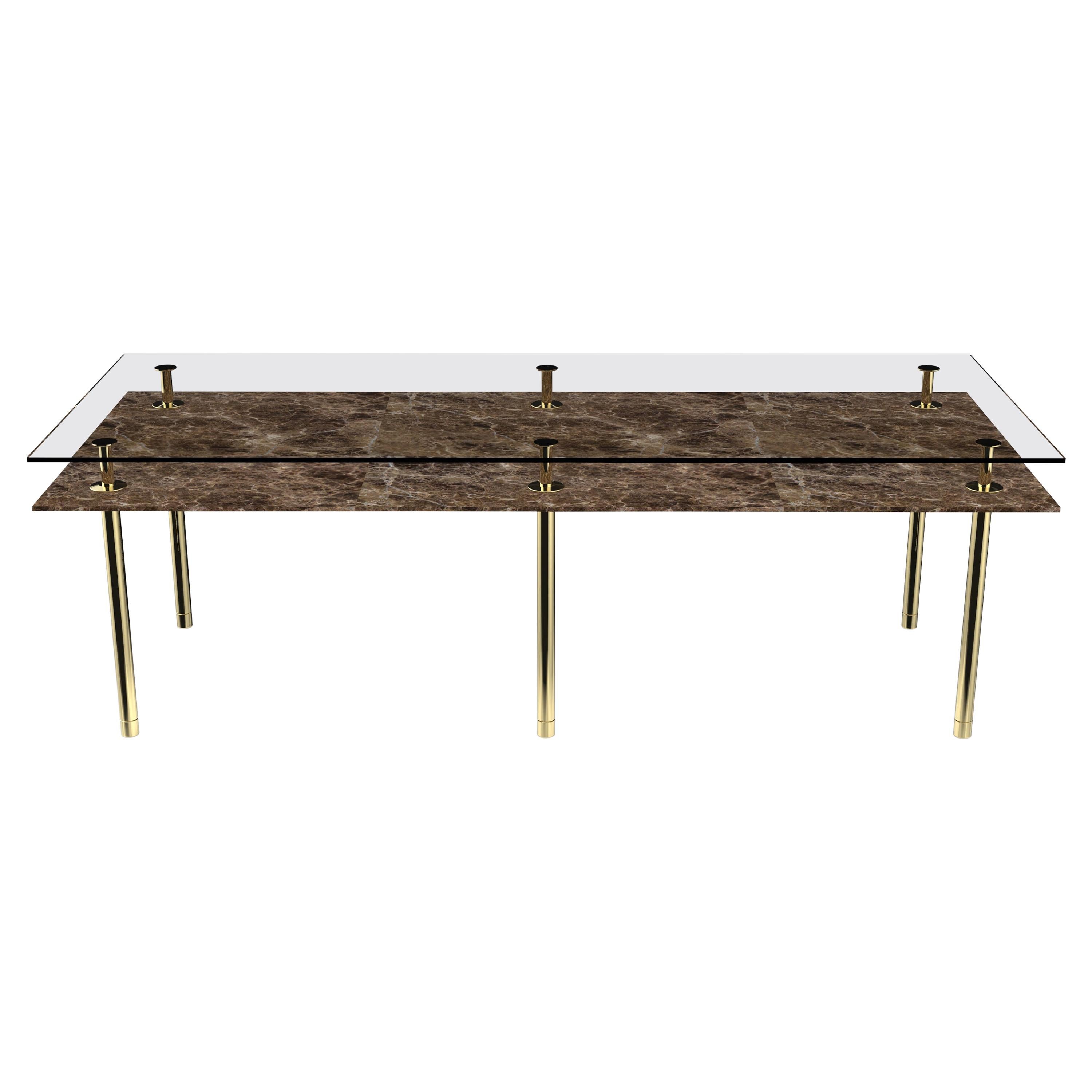 Legs Medium Dining Table with Emperador Dark Marble Top and Polished Brass For Sale