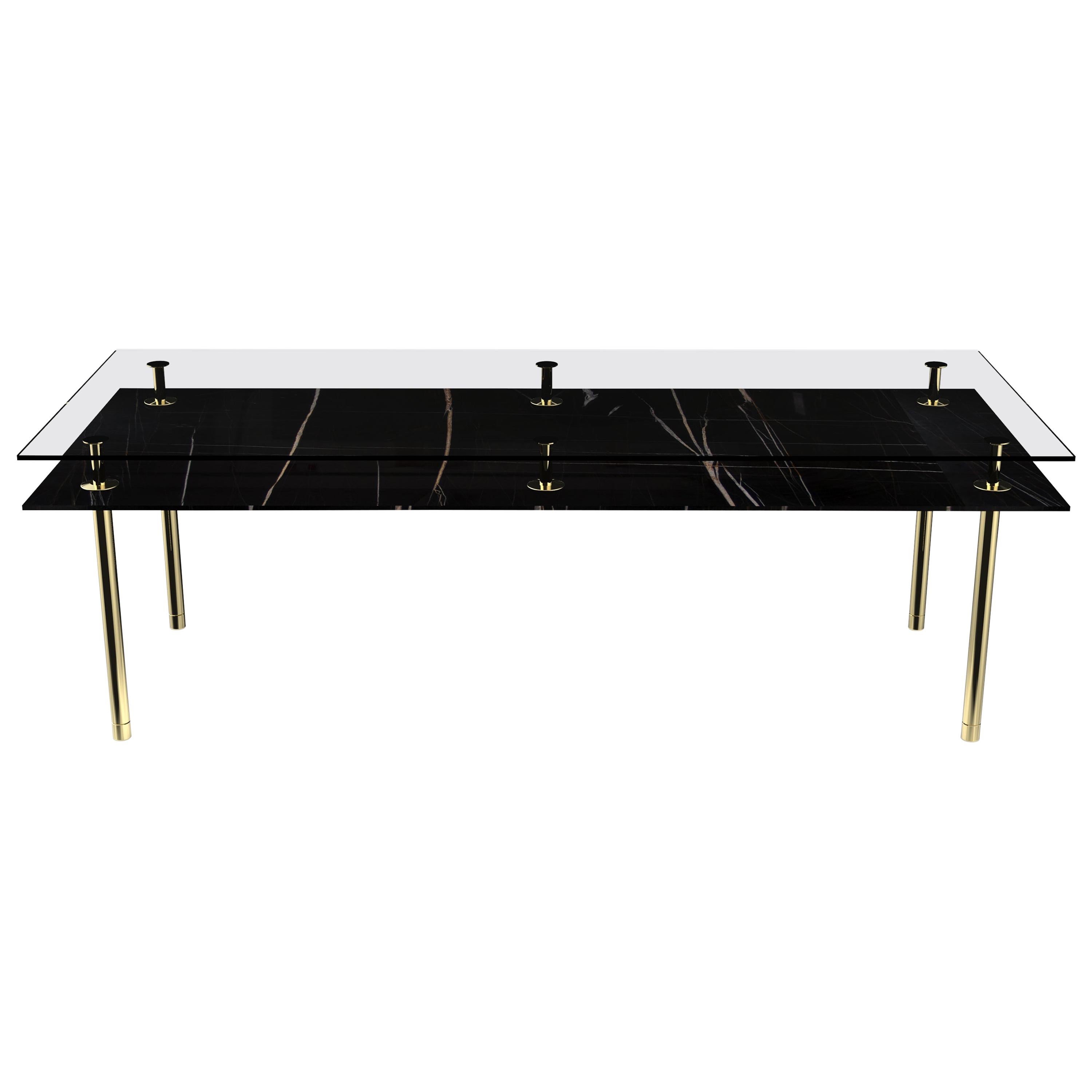 Legs Medium Dining Table with Sahara Noir Marble Top and Polished Brass For Sale