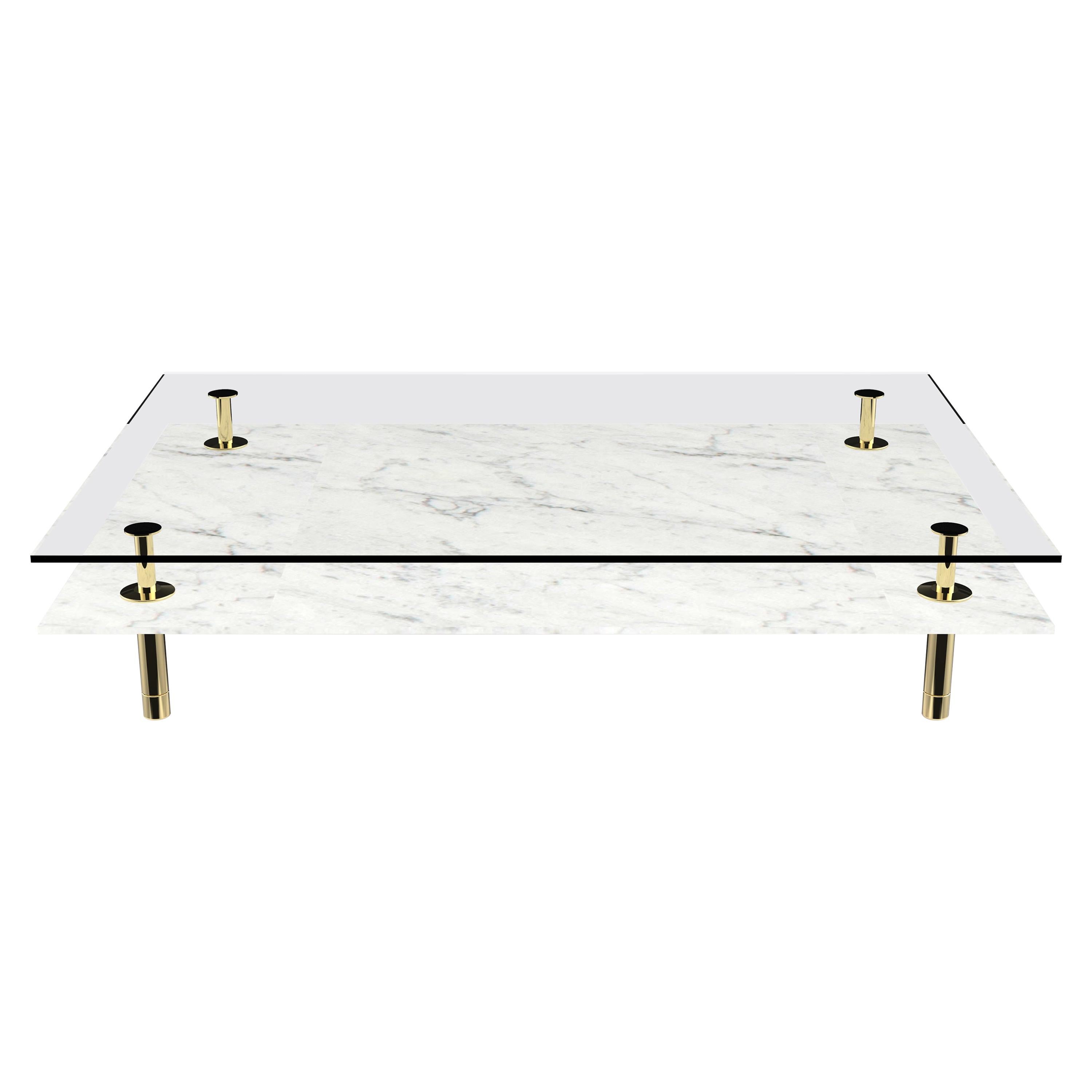 Legs Small Coffee Table with Carrara White Marble Top and Polished Brass For Sale