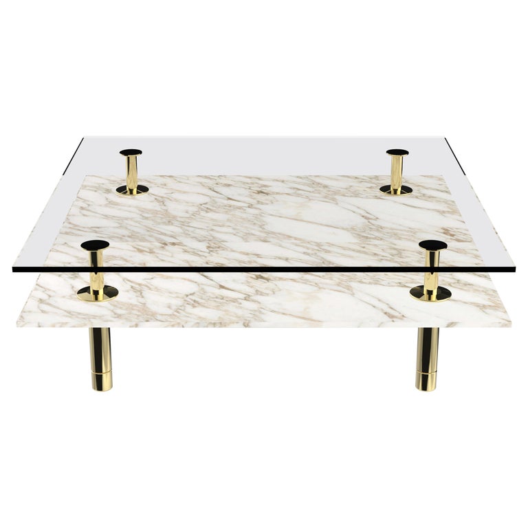Legs Square Coffee Table with Calacatta Gold Marble Top and Polished Brass For Sale