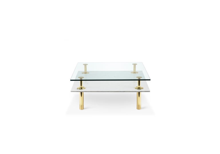 Italian Legs Square Coffee Table with Carrara White Marble Top and Polished Brass For Sale