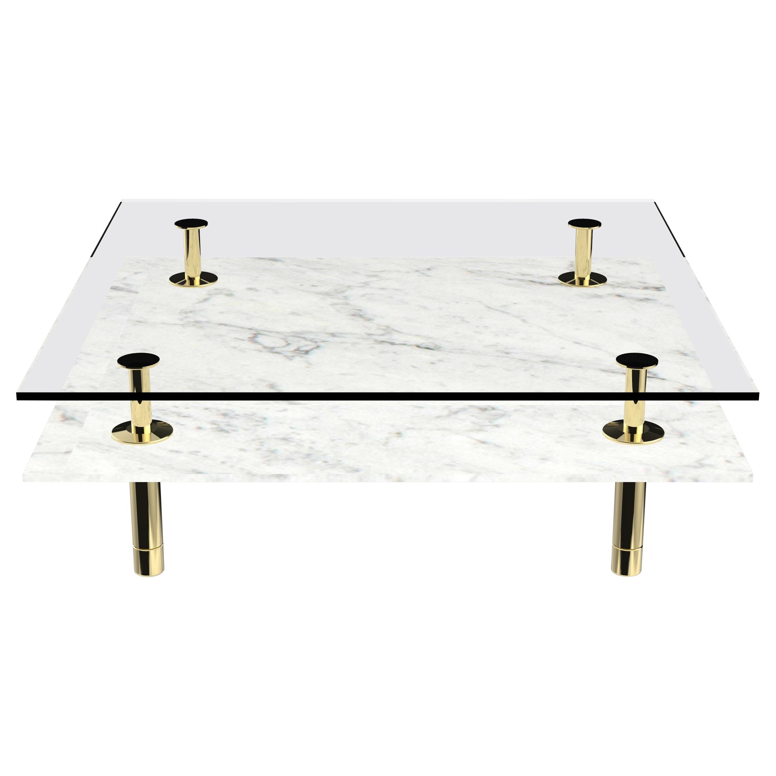 Legs Square Coffee Table with Carrara White Marble Top and Polished Brass