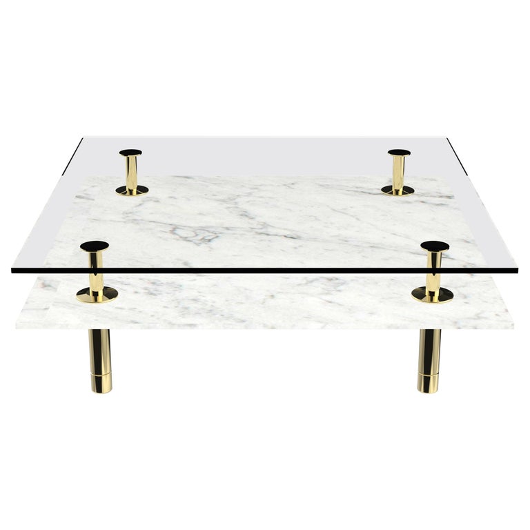 Legs Square Coffee Table with Carrara White Marble Top and Polished Brass For Sale