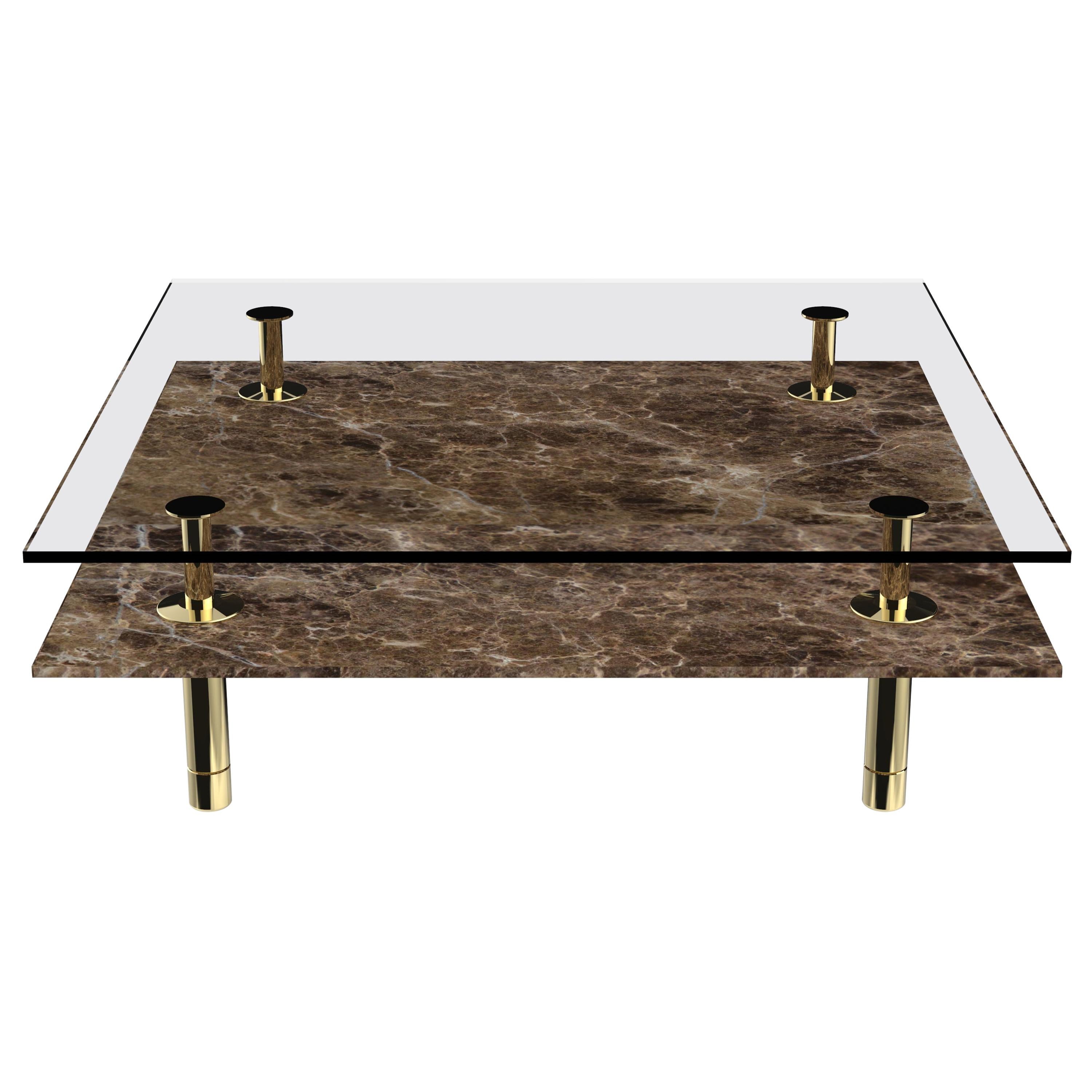 Legs Square Coffee Table with Emperador Dark Marble Top and Polished Brass