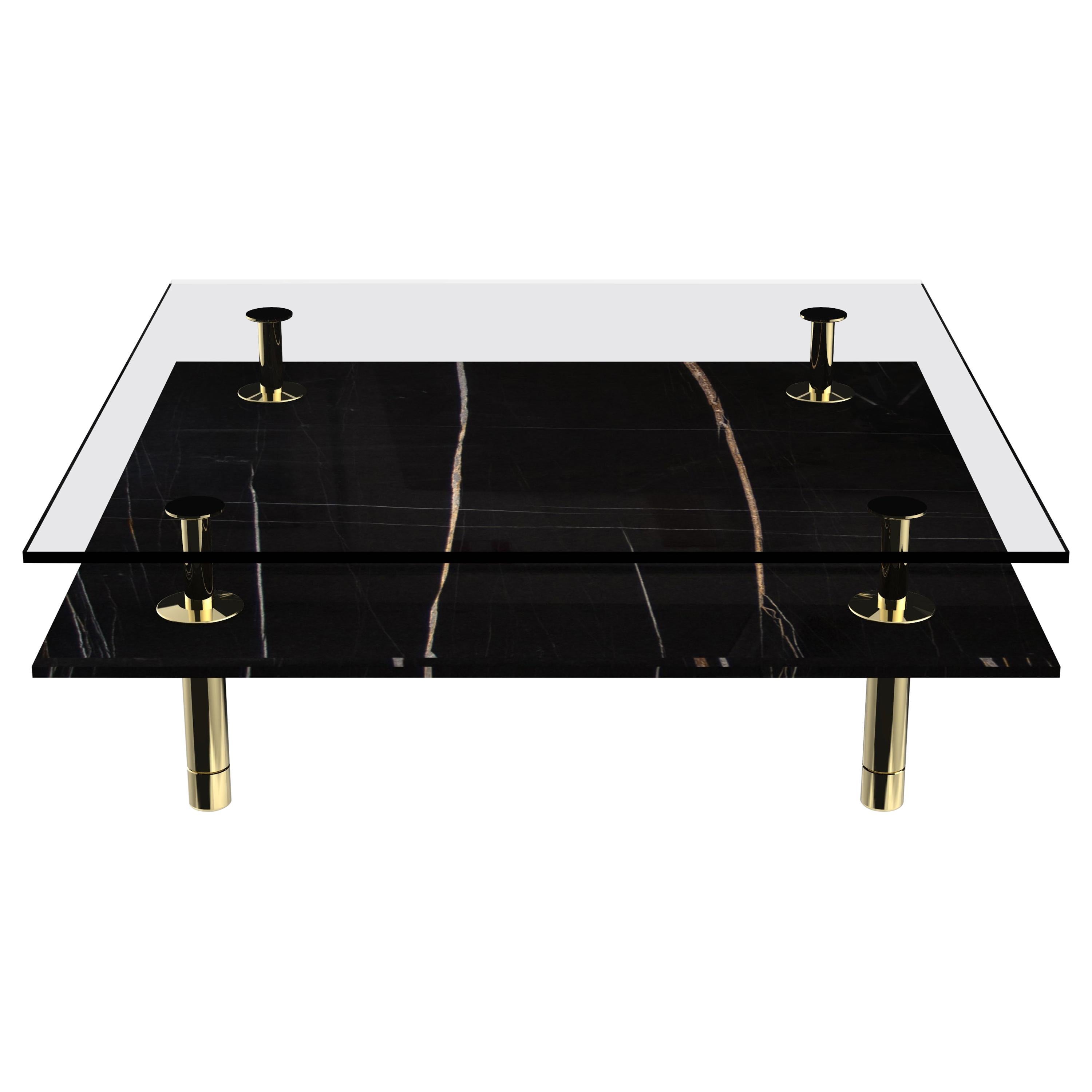 Legs Square Coffee Table with Sahara Noir Marble Top and Polished Brass