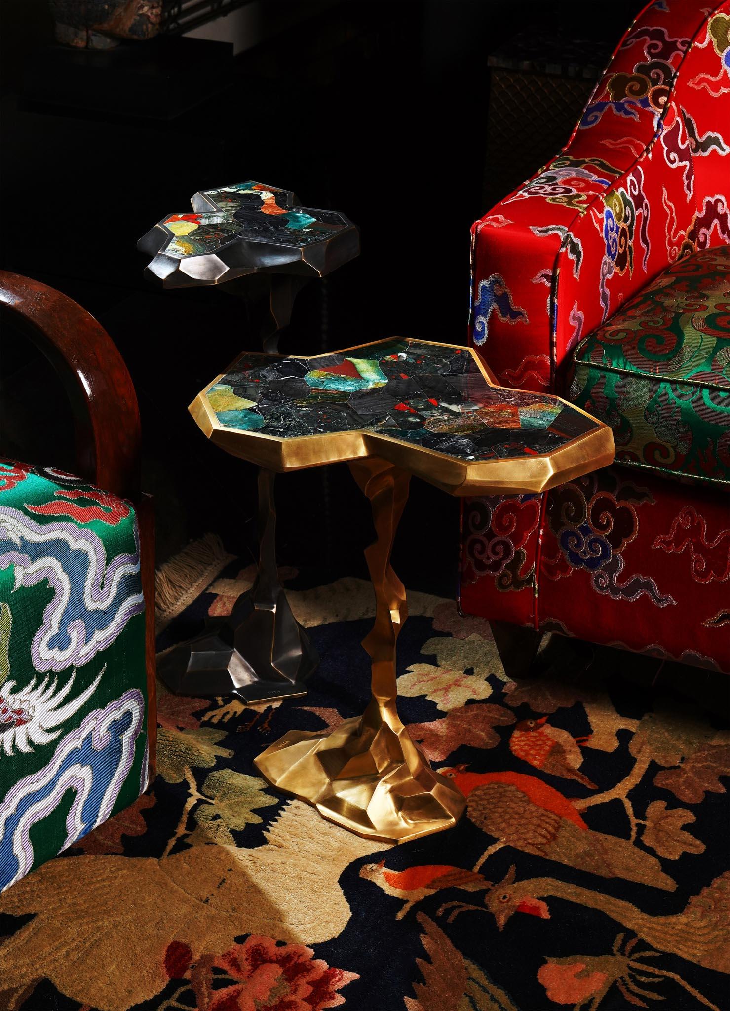 Contemporary Leh Side Table Large in Brass with Semi Precious Stones, Viya by Vikram Goyal For Sale
