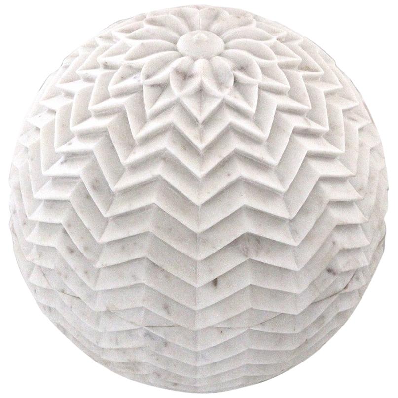 Lehariya Cone Globe in White Marble 18" Dia Handcrafted in India  For Sale
