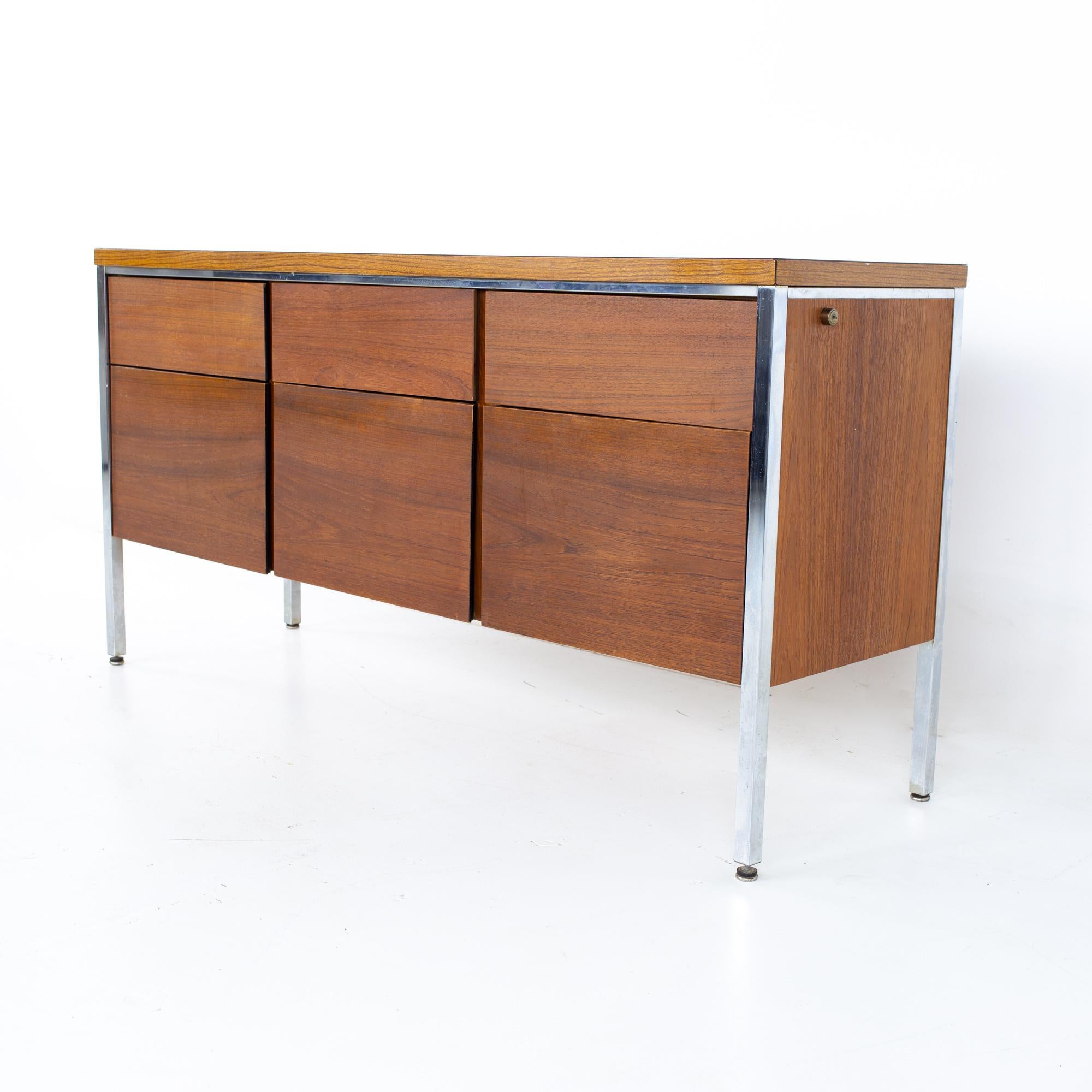 Lehigh Leopold Mid Century walnut and laminate sideboard buffet credenza
Credenza measures: 57.75 wide x 17 deep x 29.5 inches high

All pieces of furniture can be had in what we call restored vintage condition. That means the piece is restored