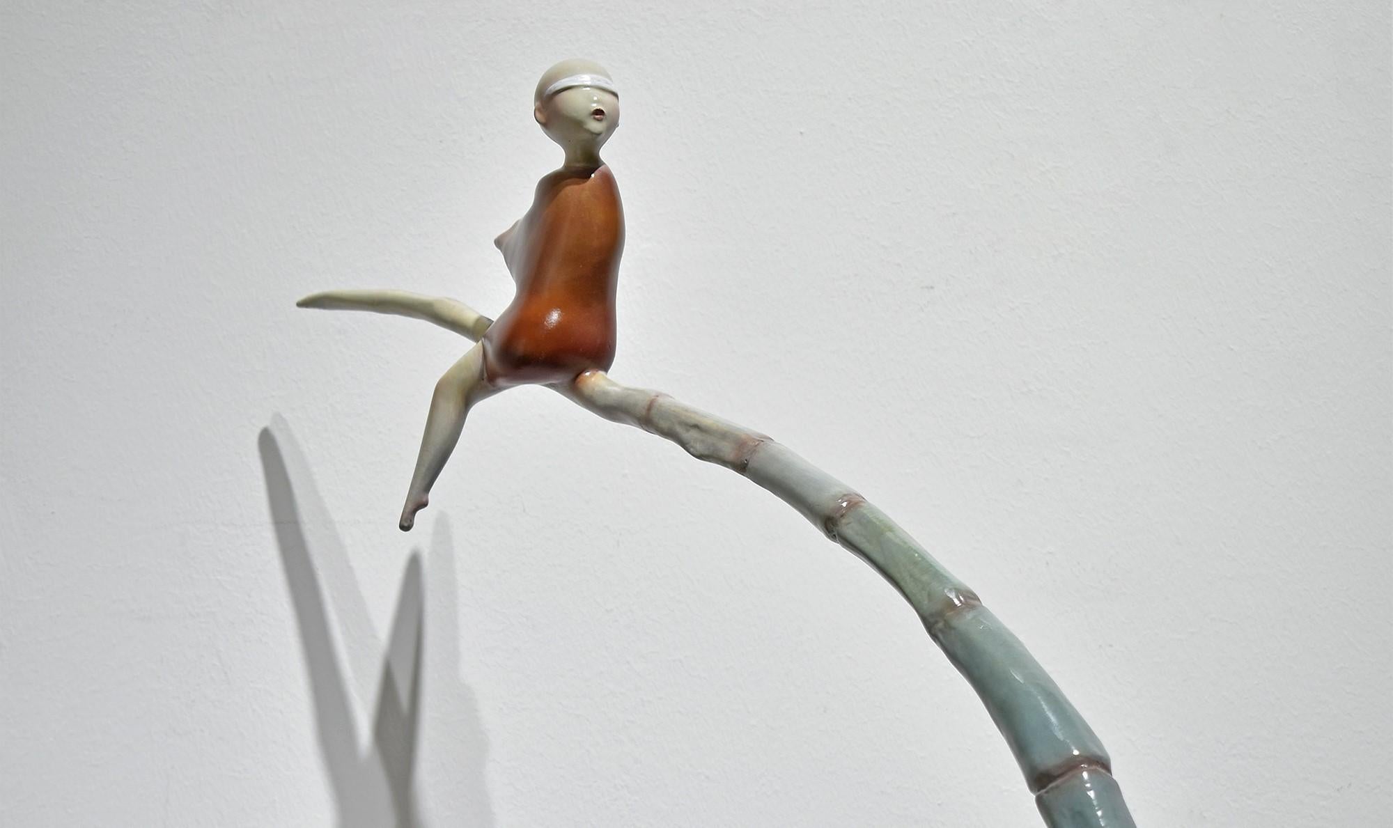 Bamboo Shoot. Child sitting on Bamboo. Painted steel. Graceful. Figure on stick - Contemporary Sculpture by Lei Lei