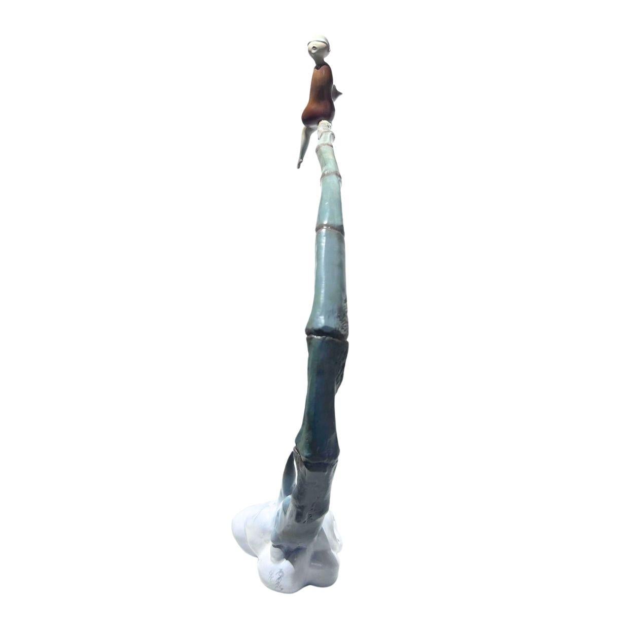 Bamboo Shoot. Child sitting on Bamboo. Painted steel. Graceful. Figure on stick - Gold Figurative Sculpture by Lei Lei