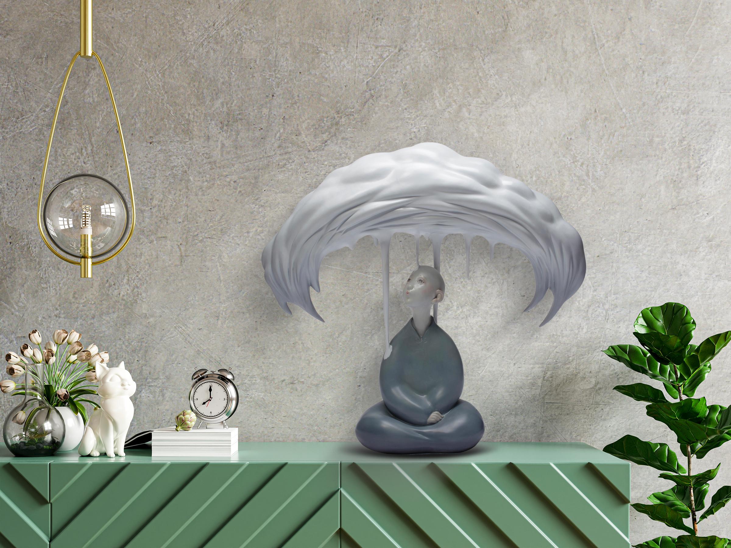 Canopy, Figurative Scholar Meditating under the Cloud, Zen Bronze In Stock - Impressionist Sculpture by Lei Lei
