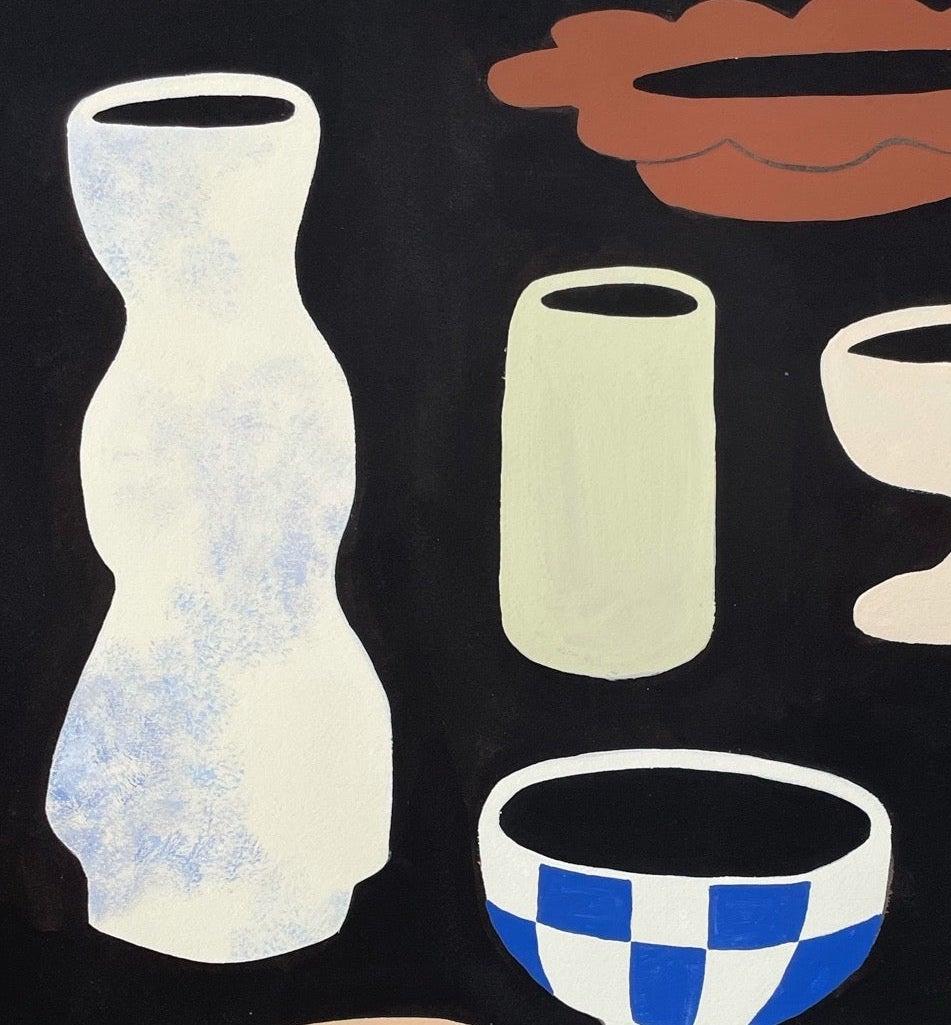 This contemporary still life painting of domestic vessels is an original work of art by Toronto artist Leia Bryans. Her artistic practice experiments with the representation of the feminine silhouette and the respectful observance of the ordinary as