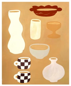 eight vessels - contemporary realist still life, vases, gouache painting