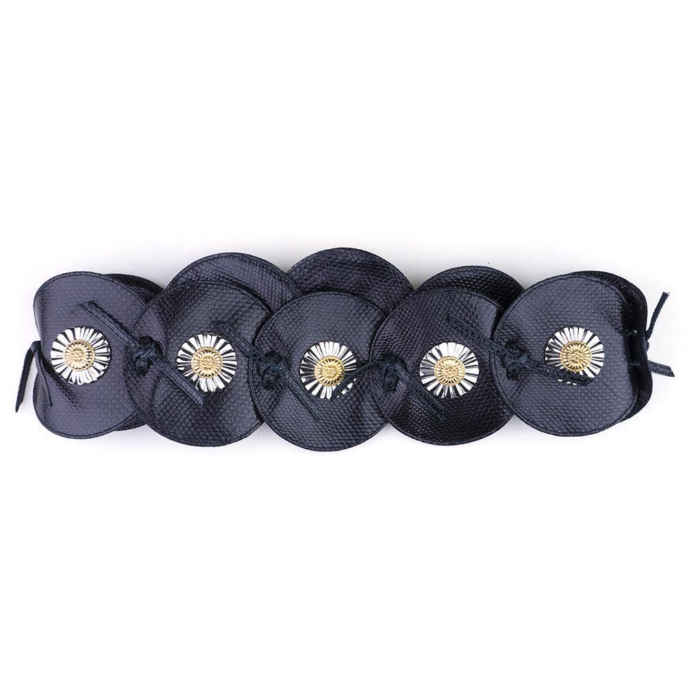 Reptile-linked, oversized medallions with gold and silver-tone radiating medallions. Large, center medallions. Some gold tone loss on center piece. Good condition.

Additional information:
Dimensions: Length:  28