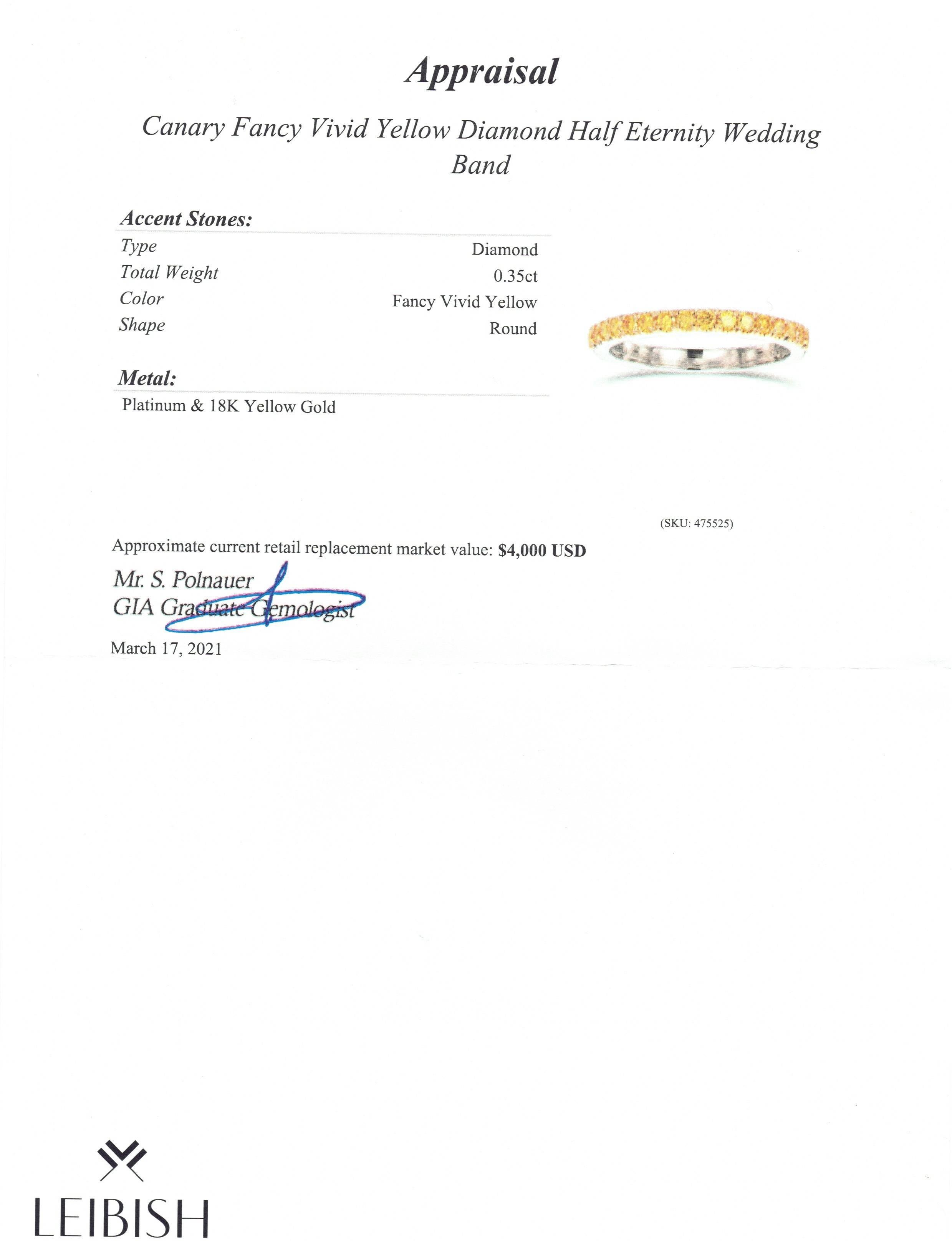 LeIbish Canary Fancy Vivid Yellow Diamond Half Eternity Wedding Band Ring In Excellent Condition For Sale In Bethesda, MD