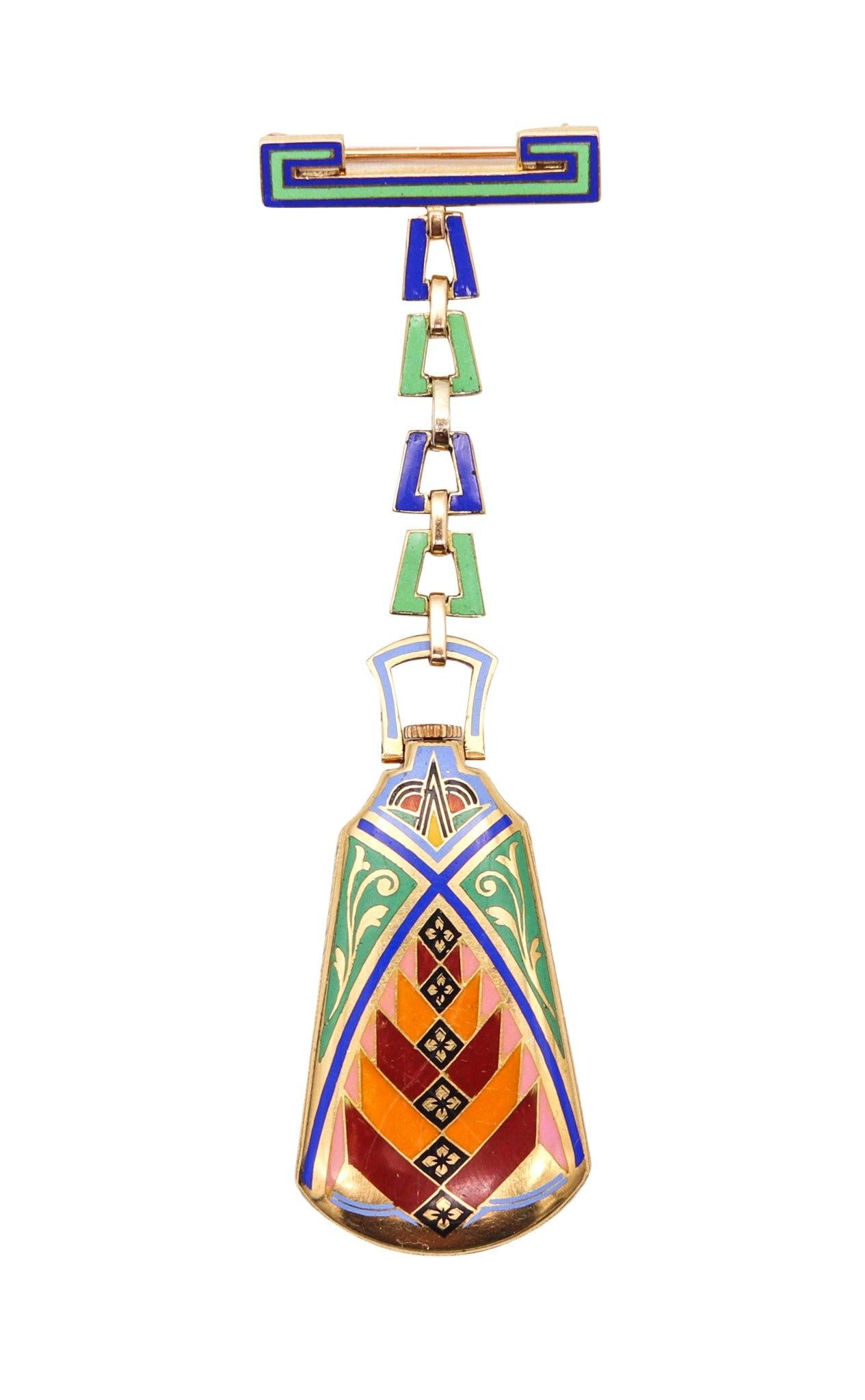 Montre-broche-pendentif de revers conçue par Leicht Mayer.

Il s'agit d'une montre collier-pendentif-broche très inhabituelle créée pendant la période art-déco à Lucerne en Suisse par la société horlogère Leicht Mayer, en 1925. Le boîtier de cette