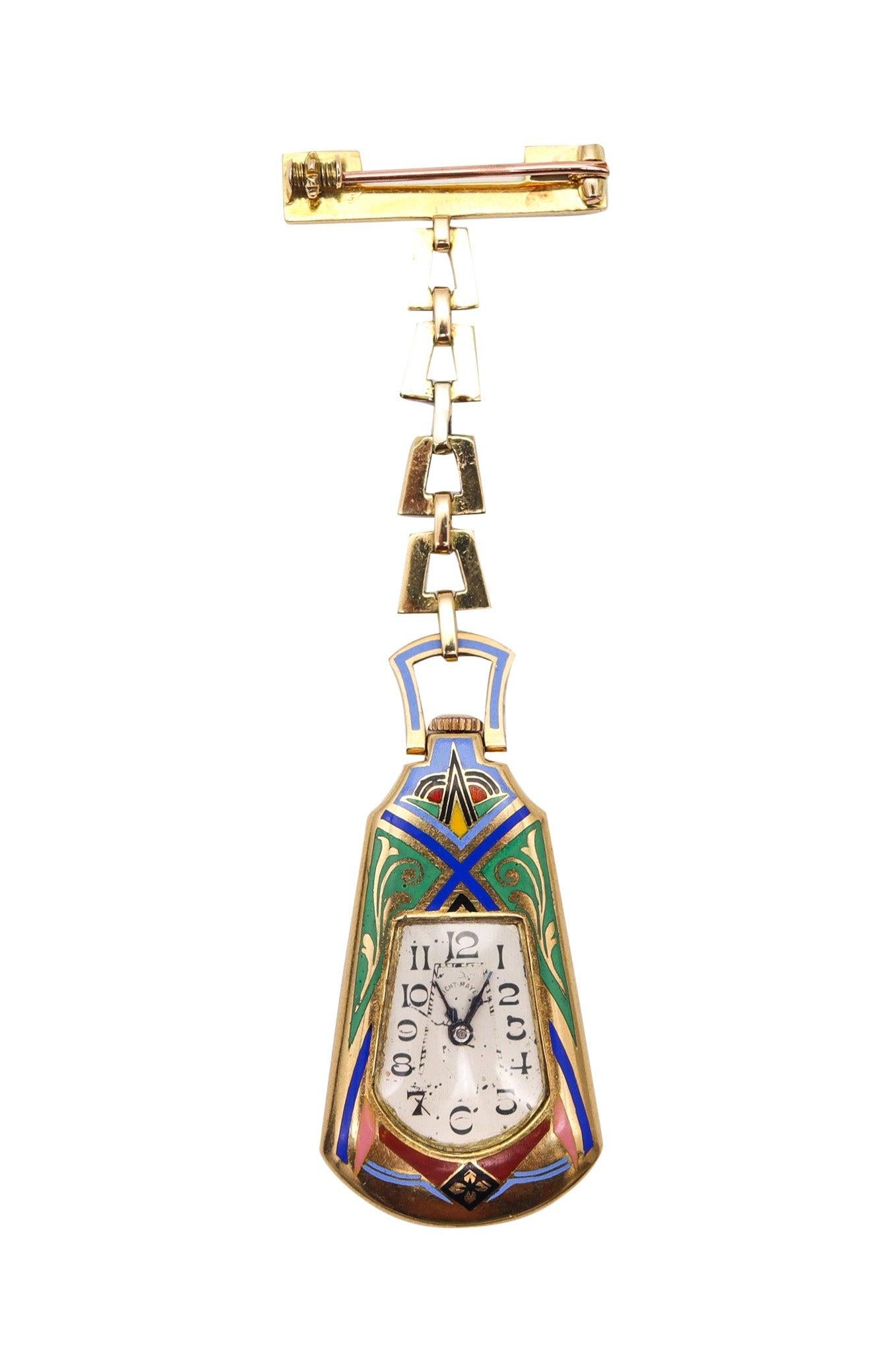 Art déco LeICHT MAYER 1925 Montre-Broche pendentif à revers émaillé en or jaune 18 carats en vente