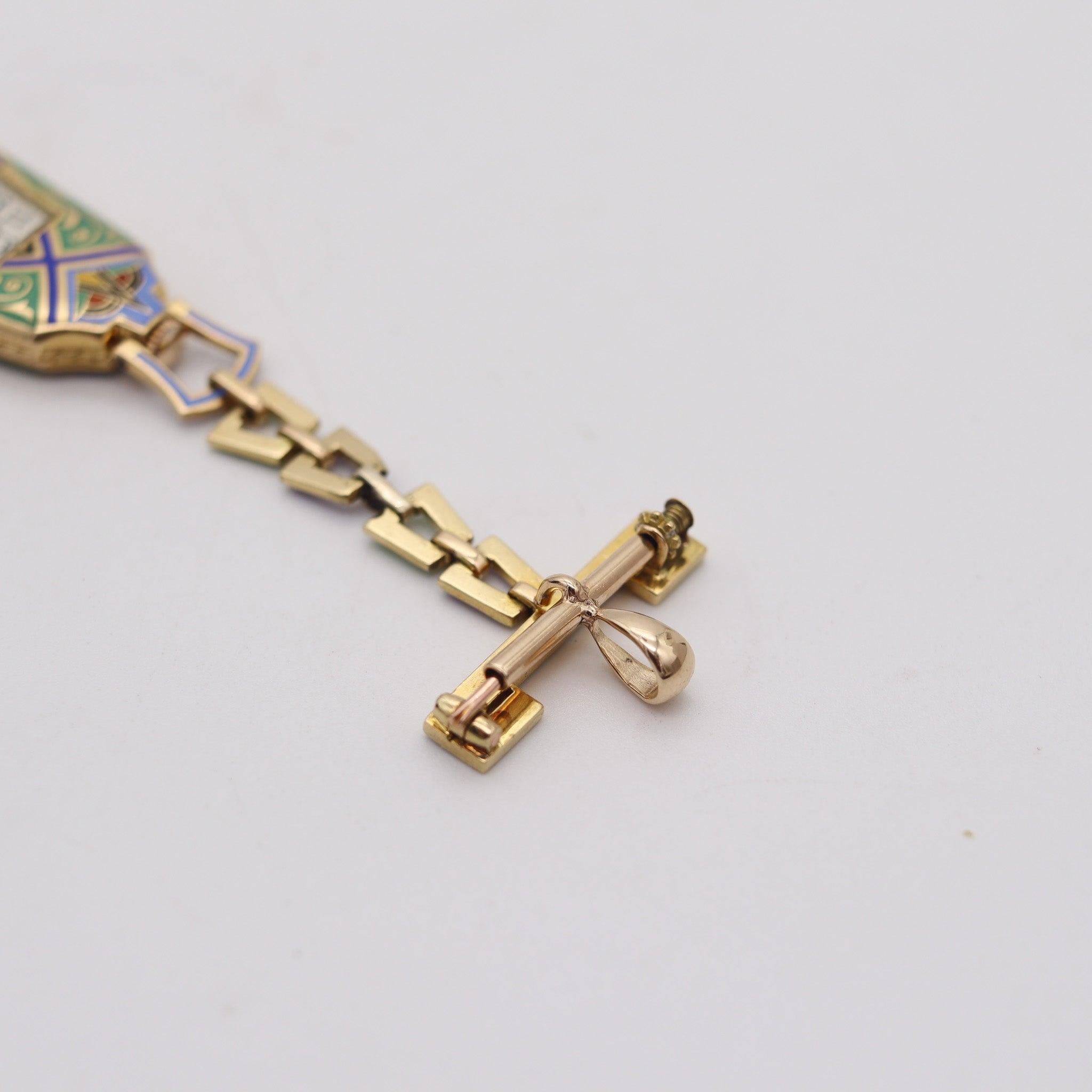 LeICHT MAYER 1925 Montre-Broche pendentif à revers émaillé en or jaune 18 carats en vente 1