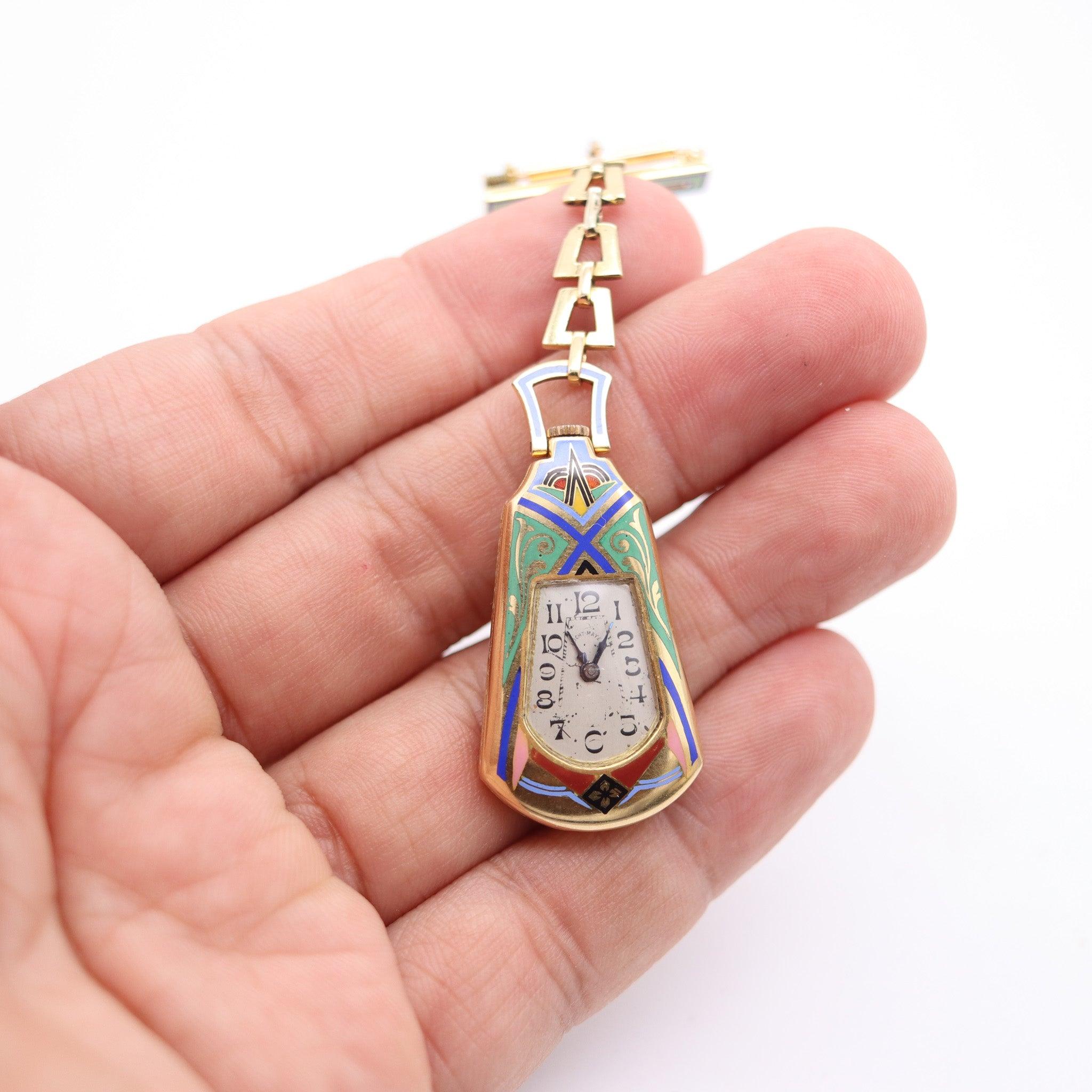 LeICHT MAYER 1925 Montre-Broche pendentif à revers émaillé en or jaune 18 carats en vente 2