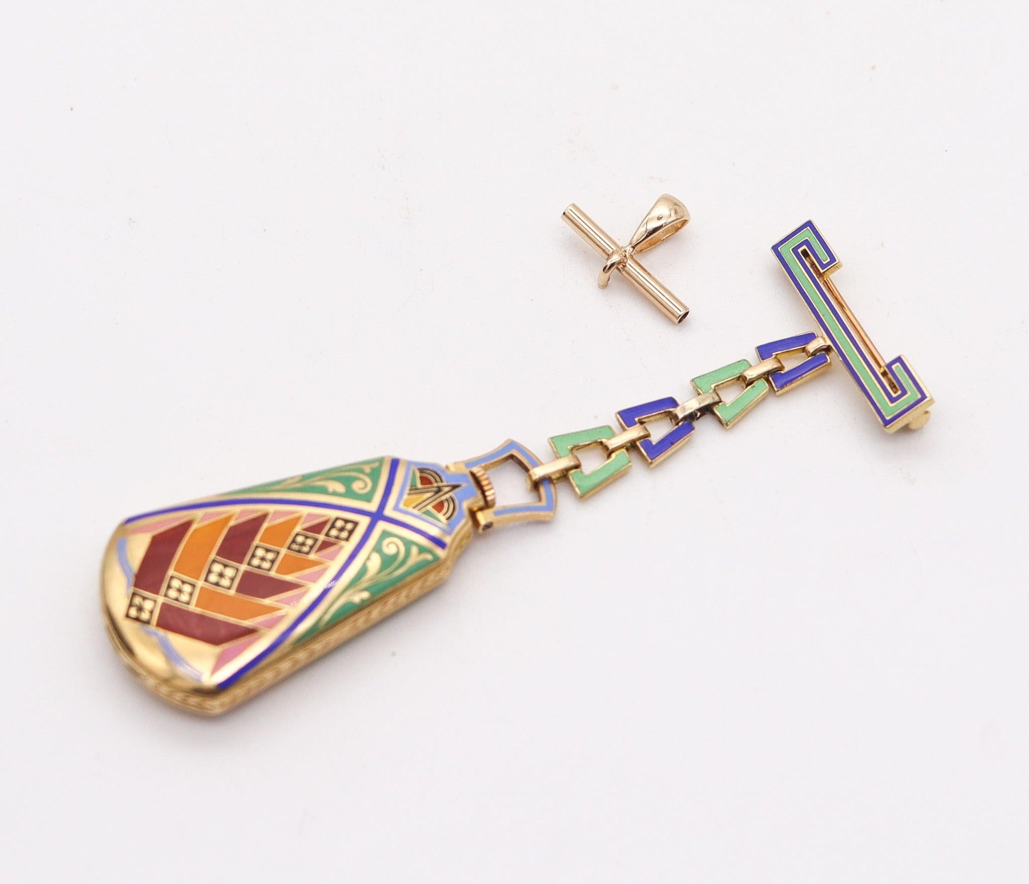 LeICHT MAYER 1925 Montre-Broche pendentif à revers émaillé en or jaune 18 carats en vente 3