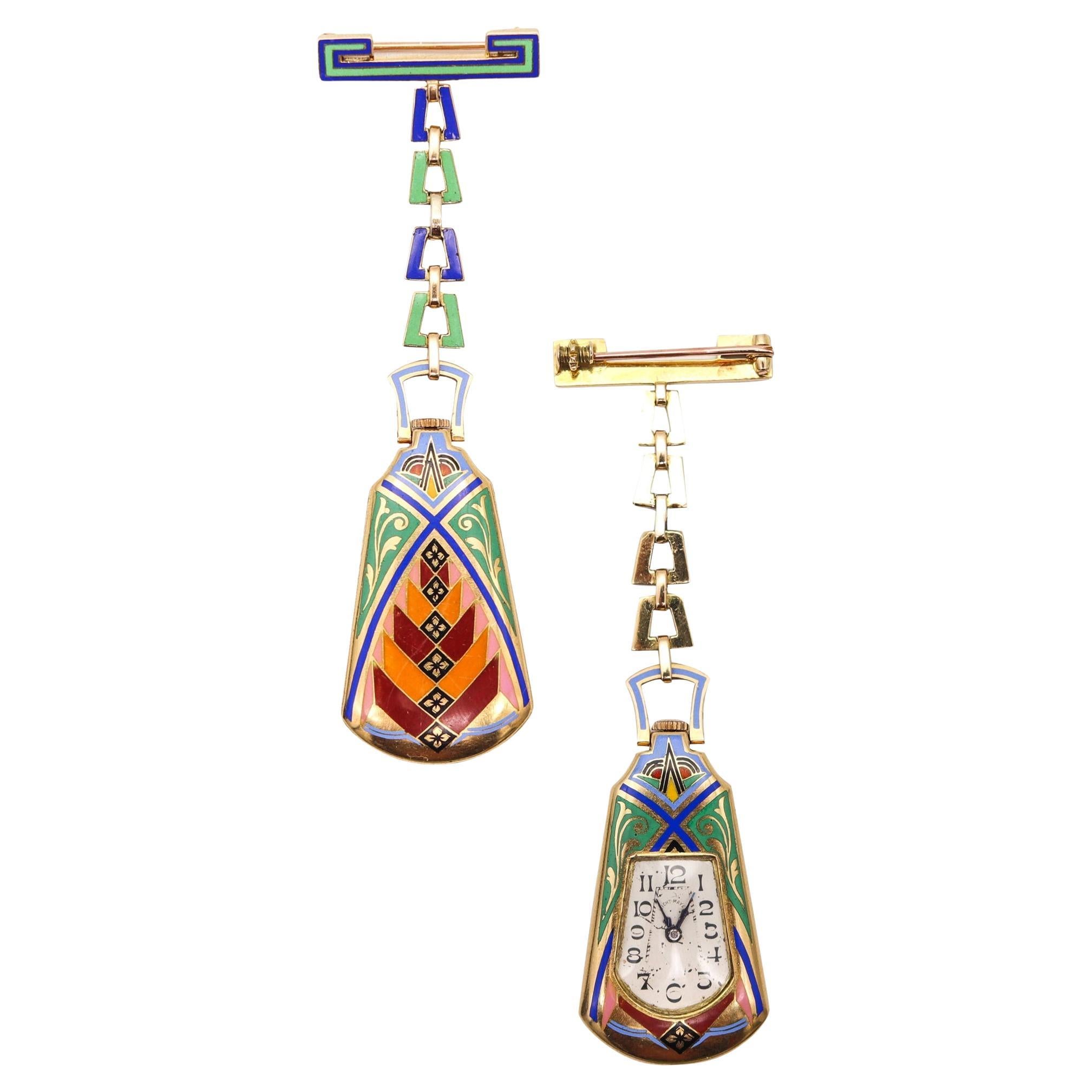 LEICHT MAYER 1925 Enameled Lapel Pendant-Brooch Watch In 18Kt Yellow Gold