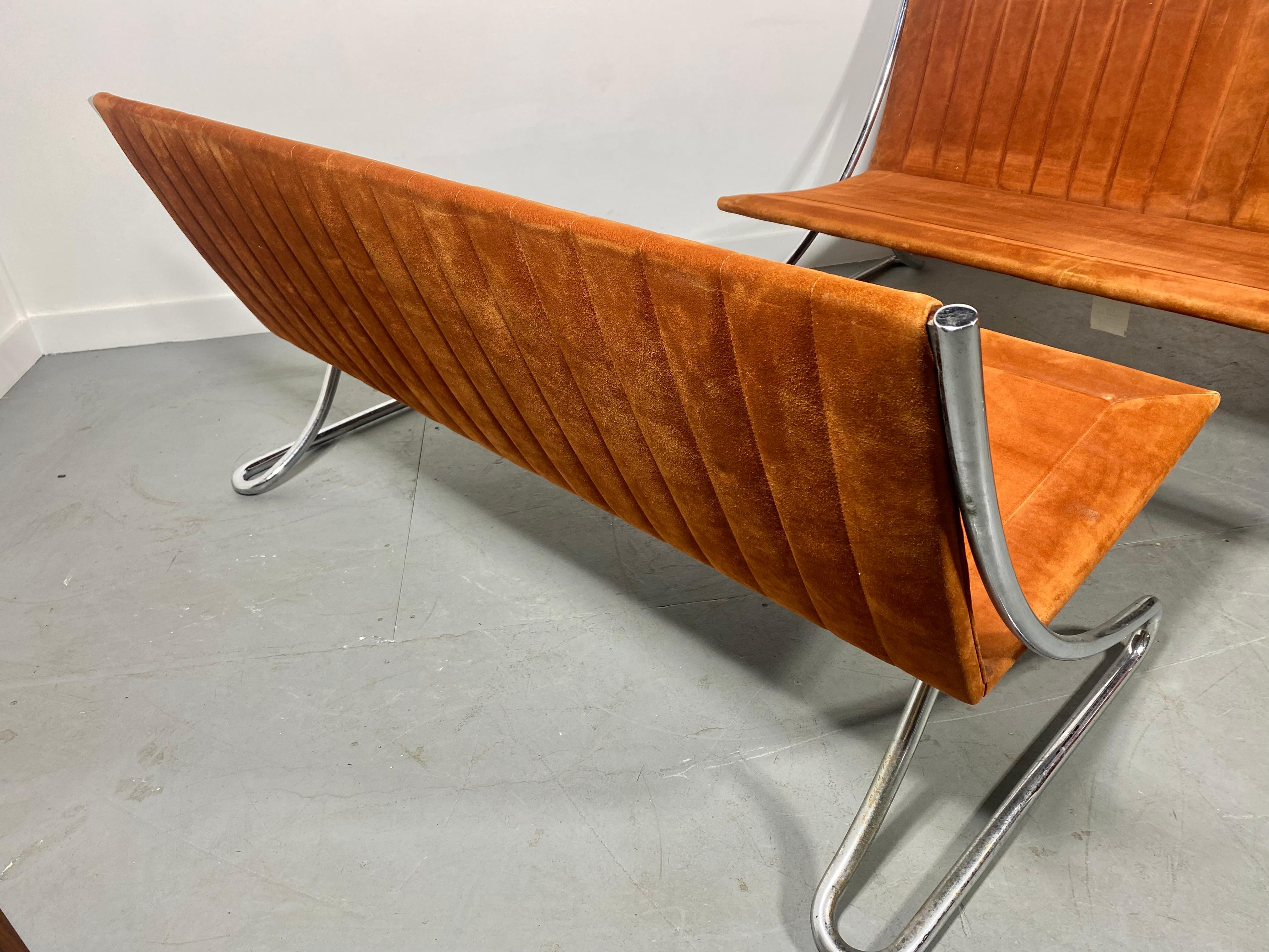 Extremely Rare Pair of Mid-Century Modern sette's designed by famed Canadian modernist Leif Jacobsen. The sette's retain they're original burnt orange suede. abscent of original seat cushions. Retain original labels. This design was executed in the