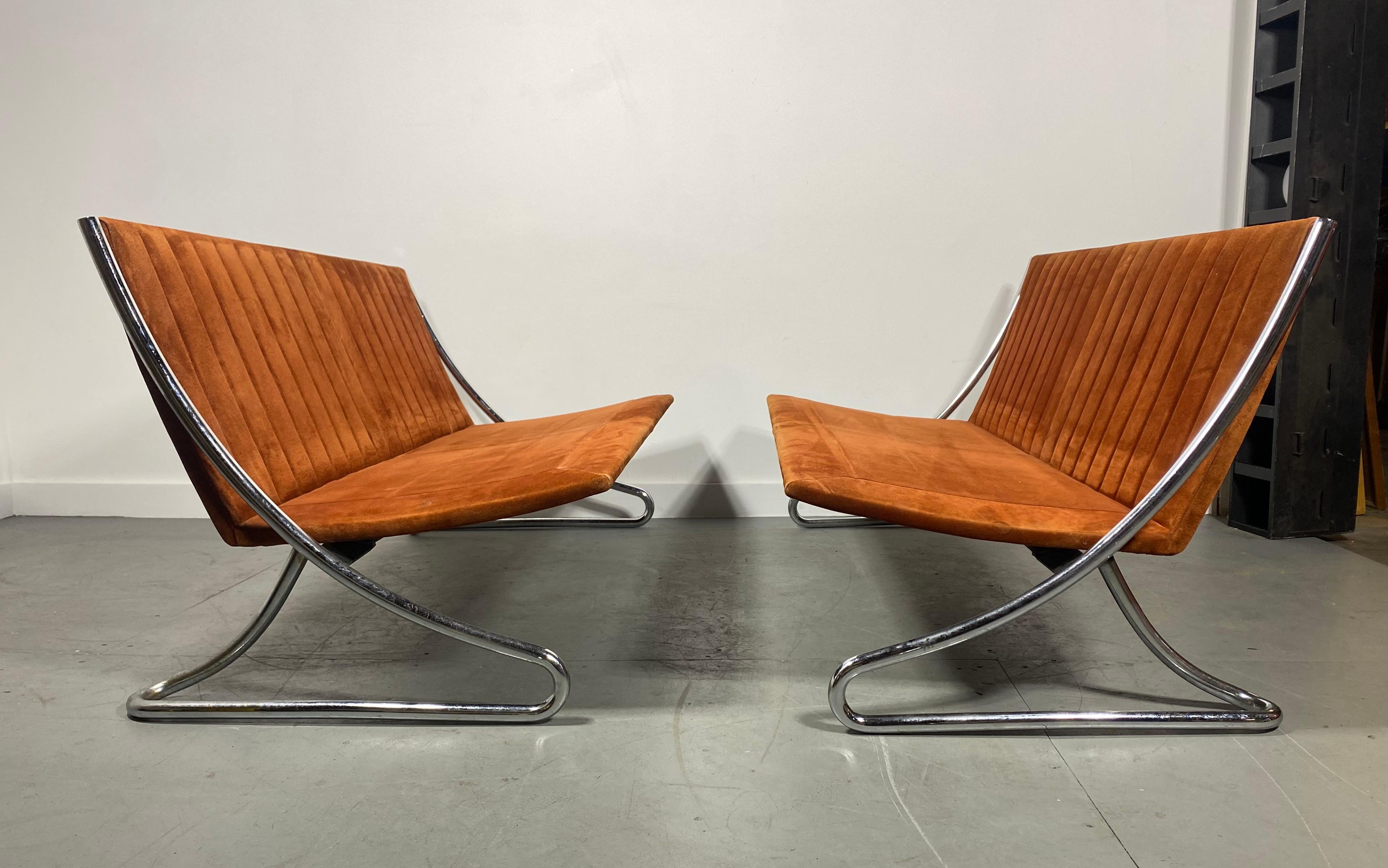 Mid-Century Modern Leif Jacobsen Sette's Steel Frames & Suede Ribbed Upholstery, Modern / Spaceage