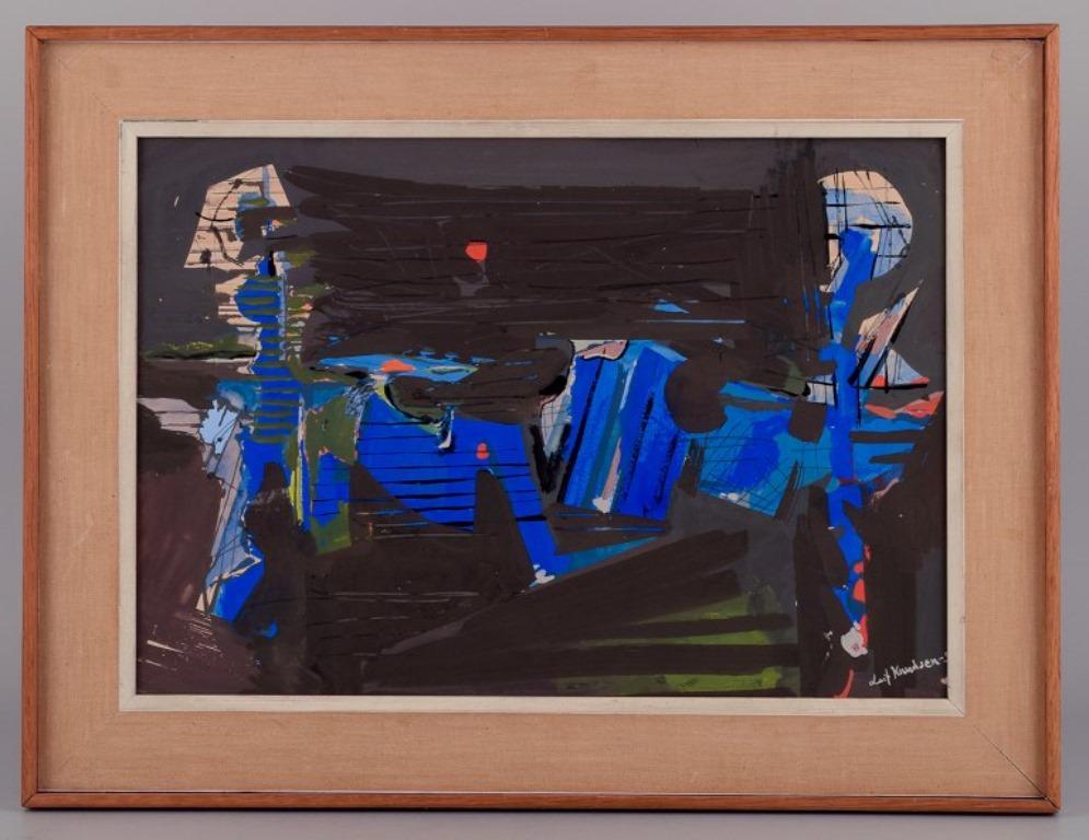 Leif Knudsen (1928-1975), artiste suédois. 
Technique mixte sur papier.
Composition abstraite.
Signé et daté '57.
En parfait état.
Dimensions totales : 44,0 cm x 33,0 cm.
Dimensions de l'image : 34,5 cm x 24,0 cm.
