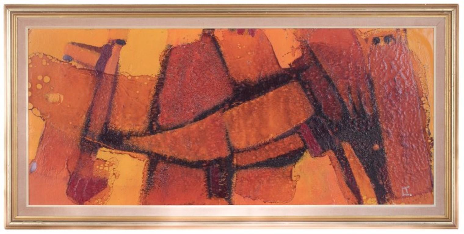 Leif Tingkær, Danish painter. Oil on panel. 
Abstract composition in yellow and orange tones.
Approximately from the 1970s.
Signed LT.
In excellent condition.
Dimensions: 88.5 cm x 38.5 cm.
Total dimensions: 99.0 cm x 49.0 cm.