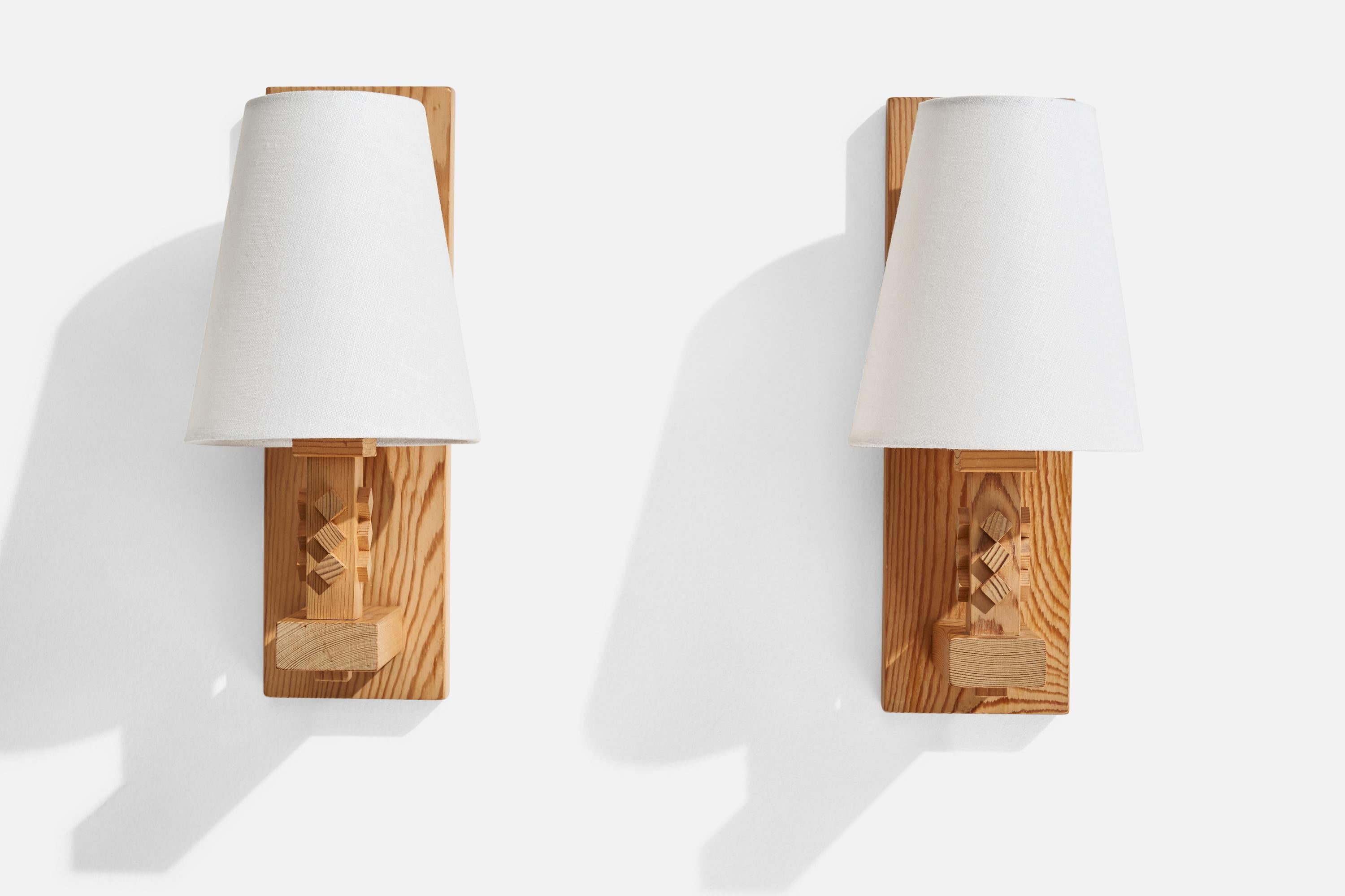 Swedish Leif Wikner, Wall Lights, Pine, Fabric, Sweden, 1970s For Sale