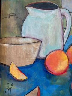 "Peaches" (2025) Still Life of Fruit and Ceramic, Acrylic/Charcoal Painting