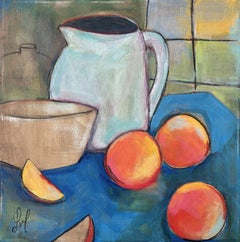 "Pesche" (2025) Natura morta di frutta e ceramica, pittura acrilica/carboncino