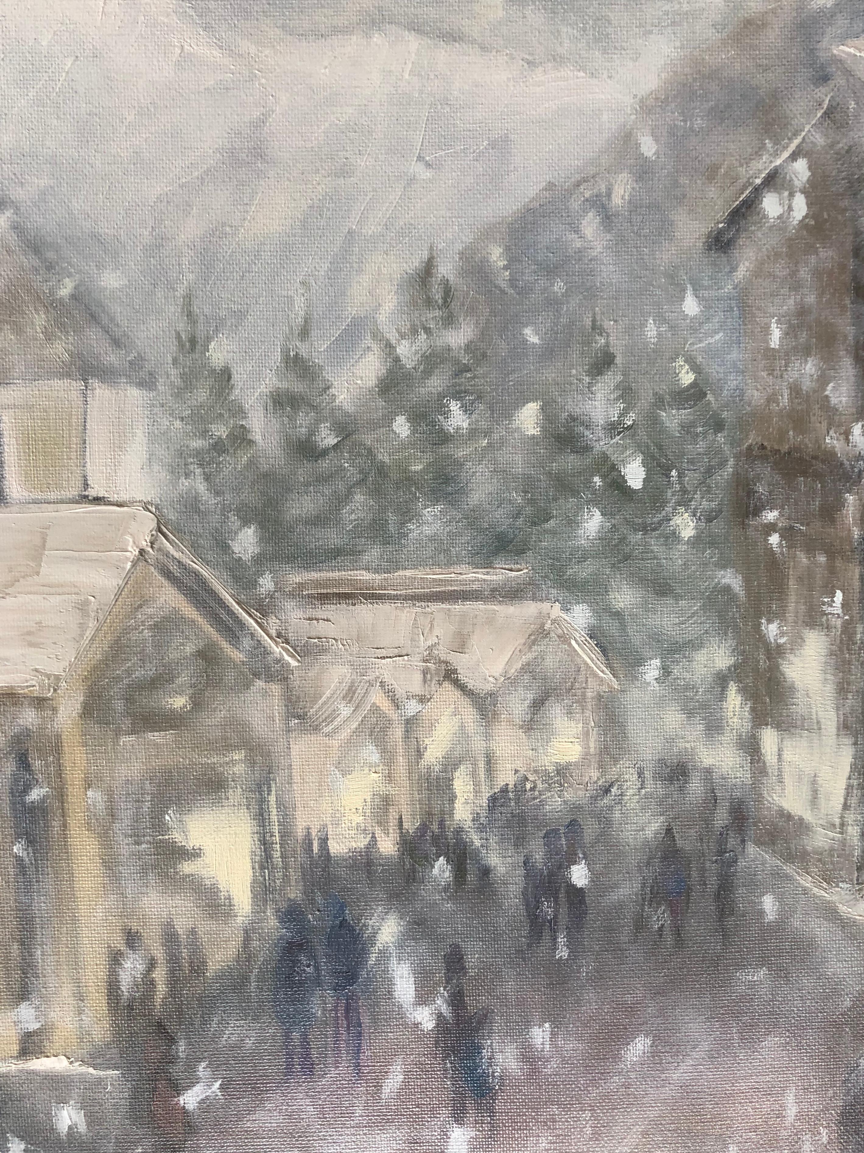 Snow in Vail Village (Impressionismus), Painting, von Leigh Ann Van Fossan