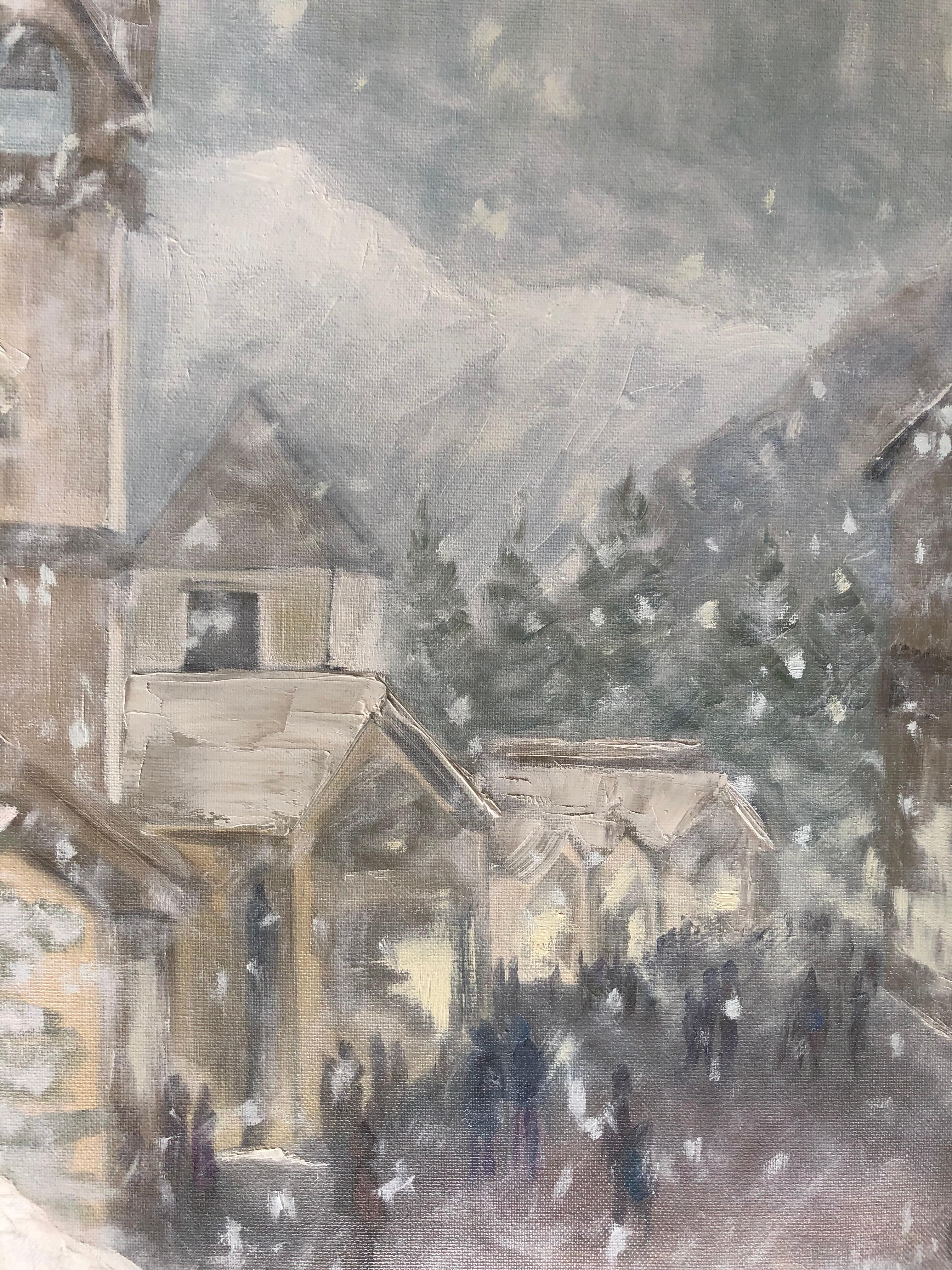 Snow in Vail Village (Grau), Landscape Painting, von Leigh Ann Van Fossan