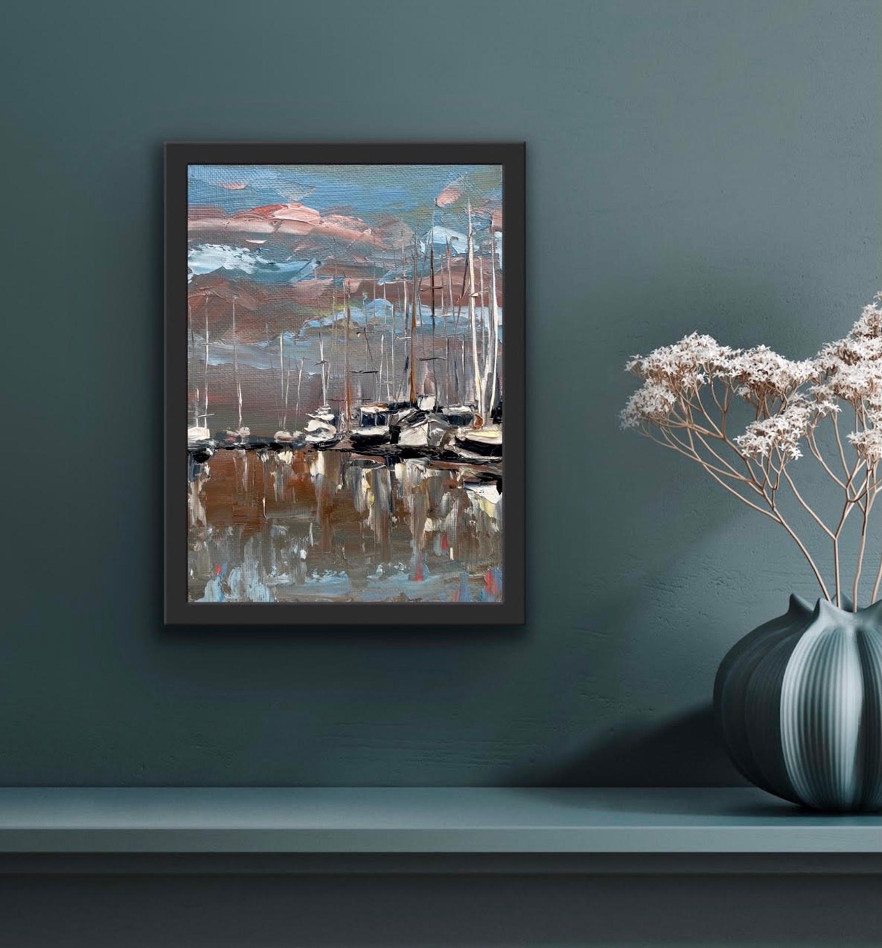 Il porto - Landscape Painting Grigio di Leigh Ann Van Fossan