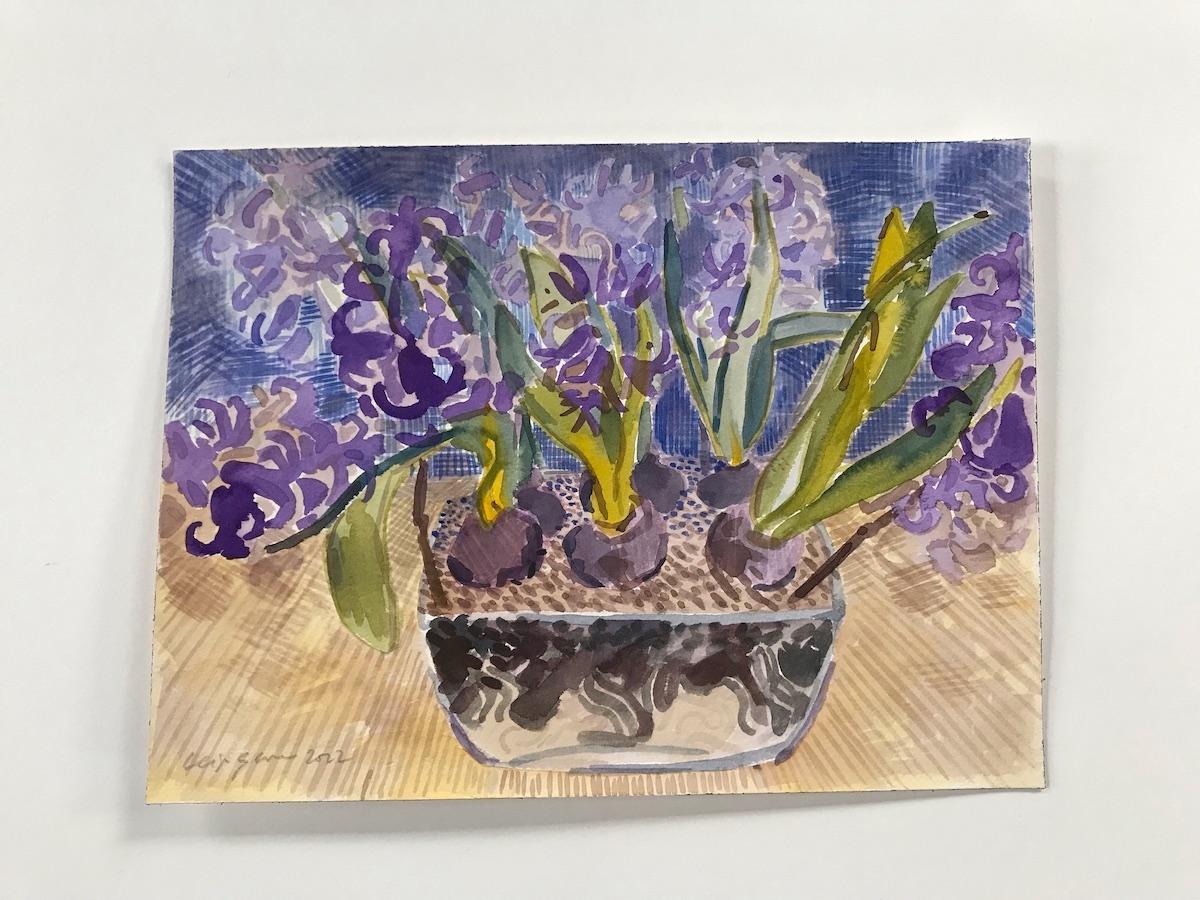 Hyacinth with Blue Vase, Leigh Glover, Impressionist art, Floral art, Still life - Contemporary Painting by Leigh Glover 