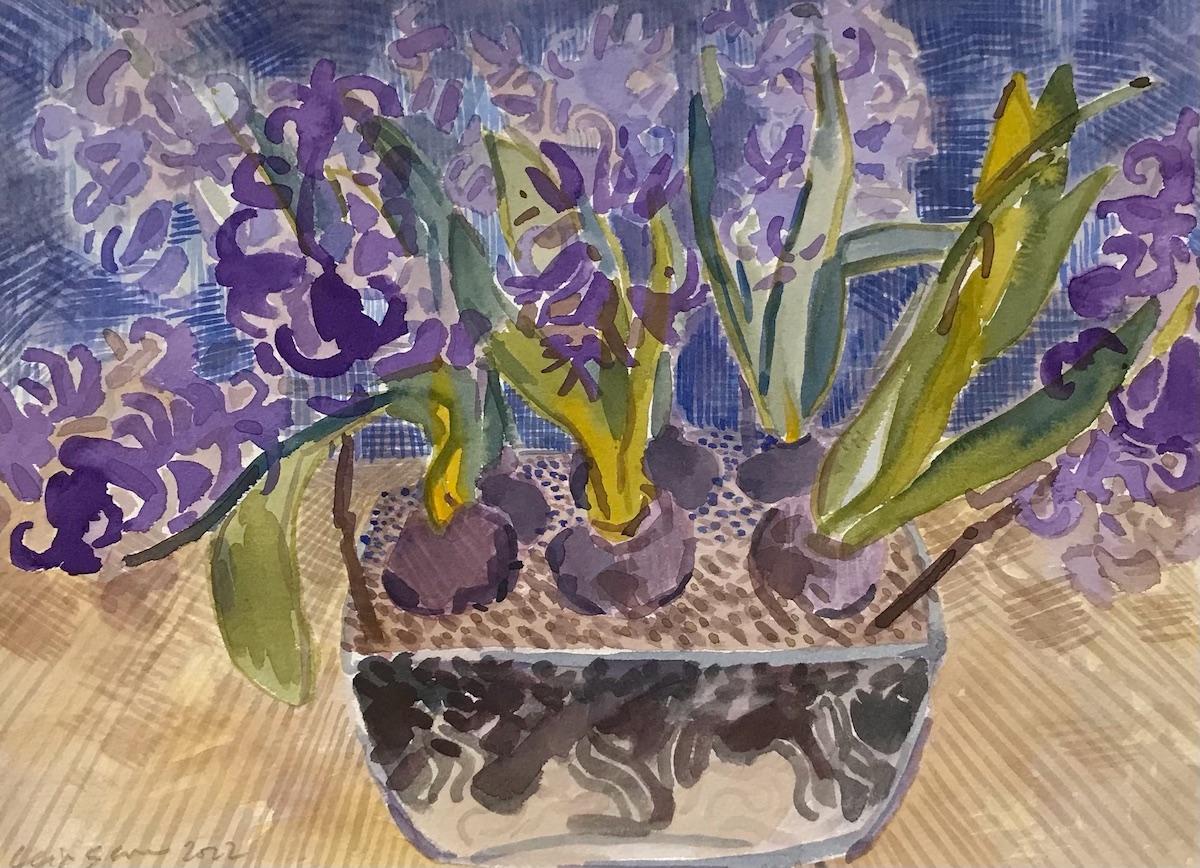 Hyacinthe with Blue Vase, Leigh Glover, art impressionniste, art floral, nature morte