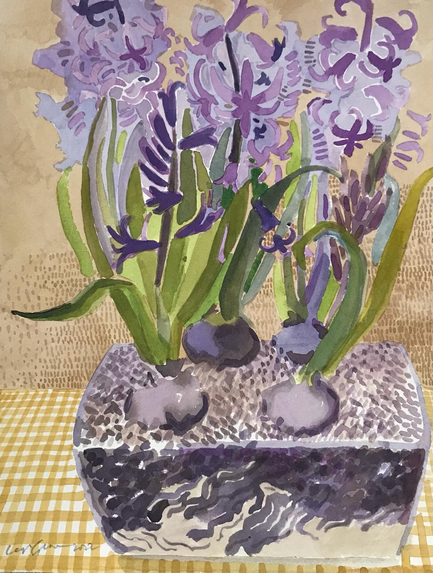 Hyacinth in glass vase by Leigh Glover [2022]
original and hand signed by the artist 
Watercolour on Paper
Image size: H:31 cm x W:23 cm
Complete Size of Unframed Work: H:31 cm x W:23 cm x D:0.1cm
Sold Unframed
Please note that insitu images are