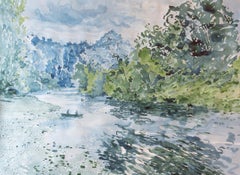 Sunday on the Wye, Traditionelles Statement-Aquarellgemälde, Extragroße Kunst