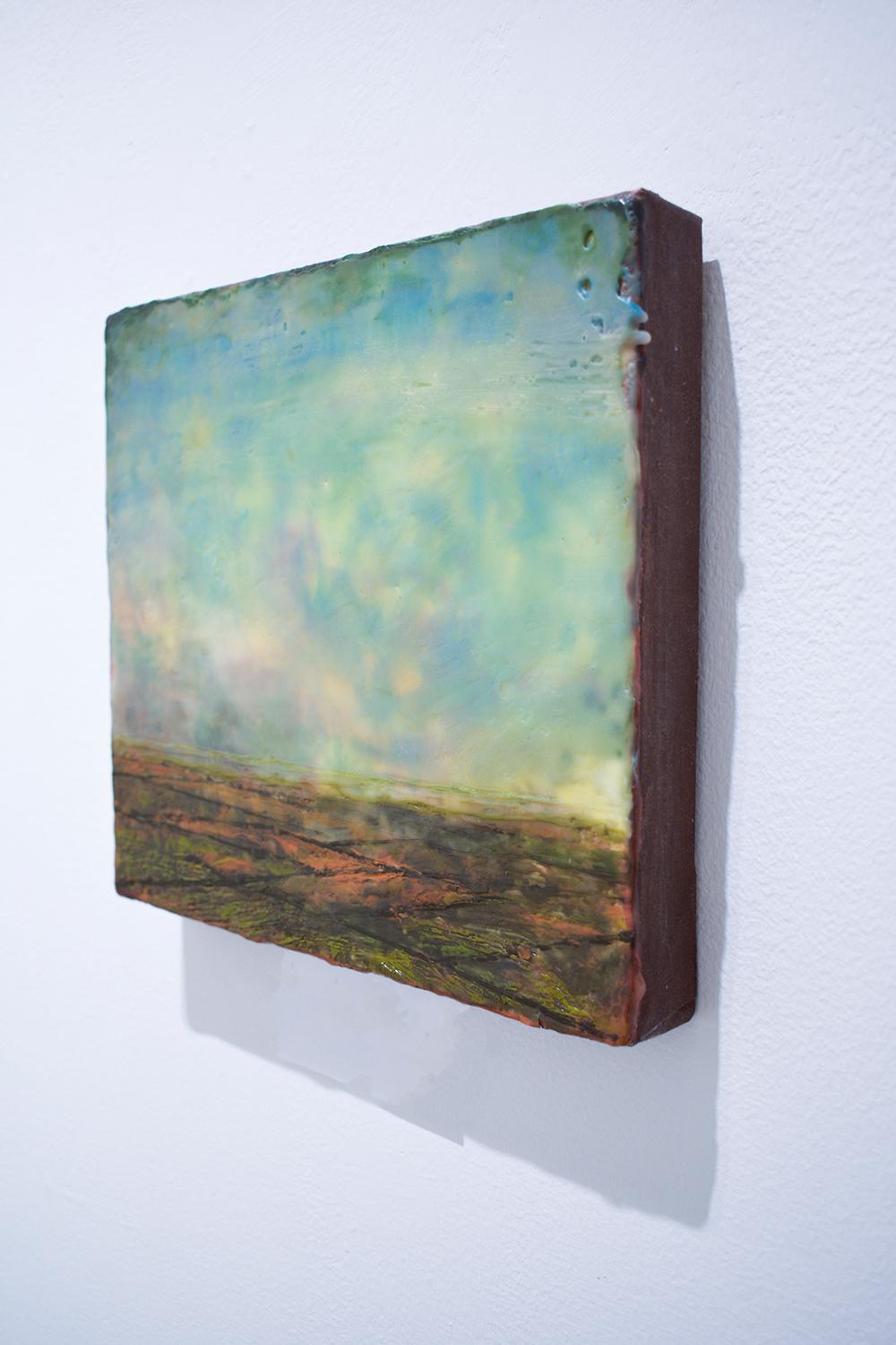 Hudson River School style encaustic landscape painting of a green and orange country field with an expansive teal and soft yellow sky 
Untitled IV, painted with encaustic by Leigh Palmer in 2020 
8 1/2